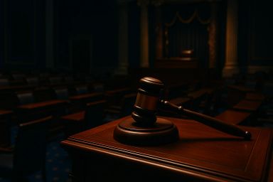 Wooden gavel resting on a dark wooden table in a