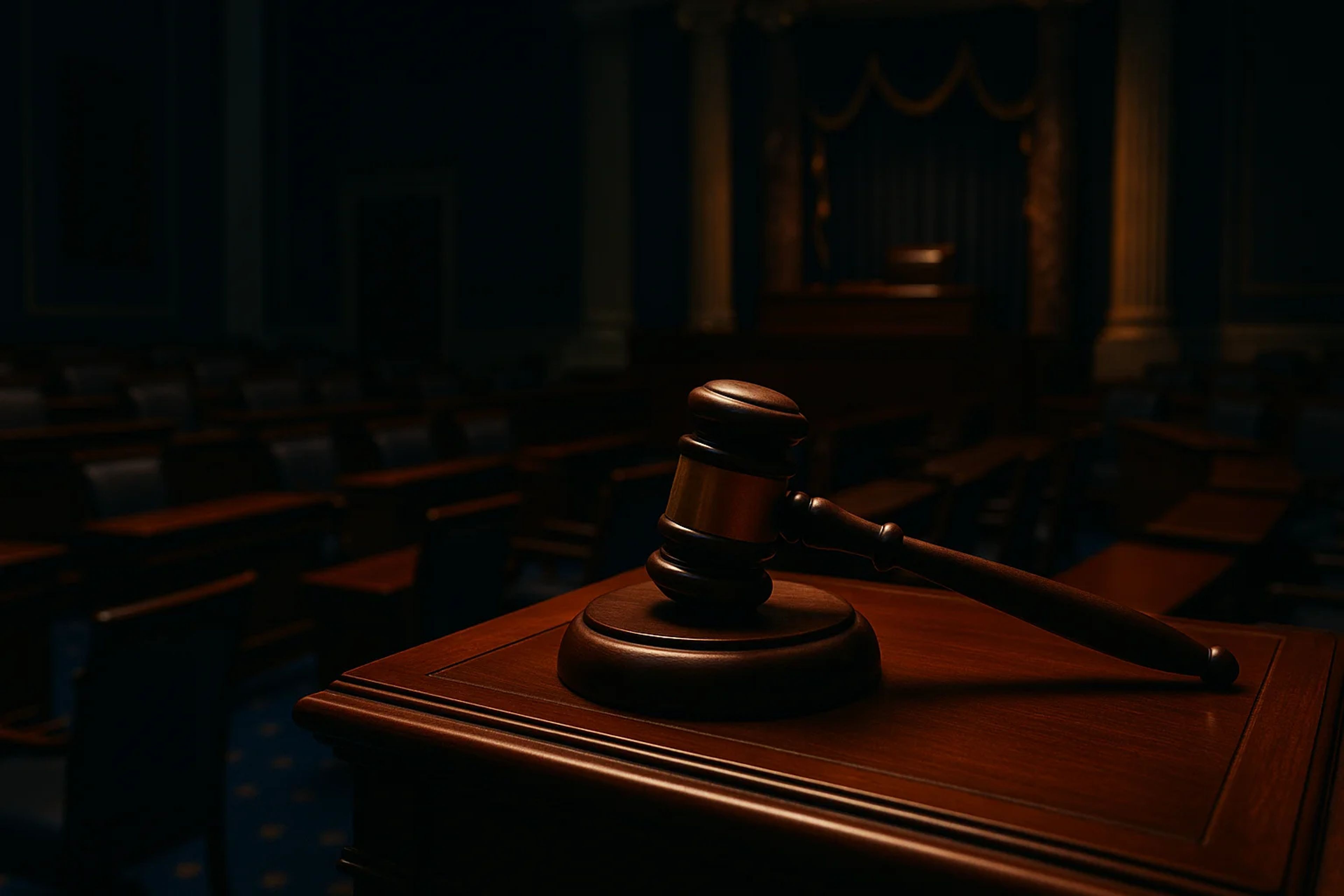 Wooden gavel resting on a dark wooden table in a
