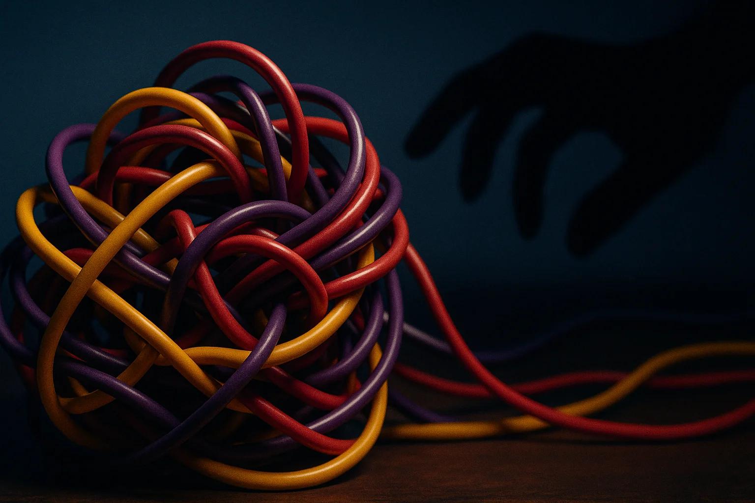 A tangled ball of colorful wires with a shadowy