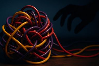 A tangled ball of colorful wires with a shadowy