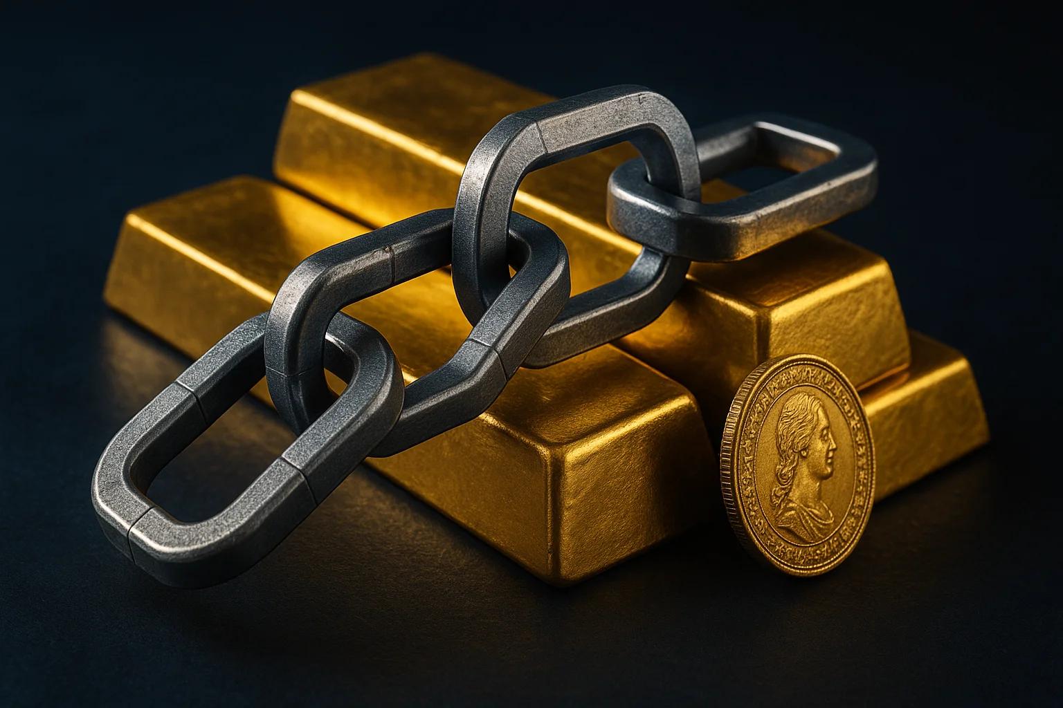 A metallic chain links over gold bars with a coin
