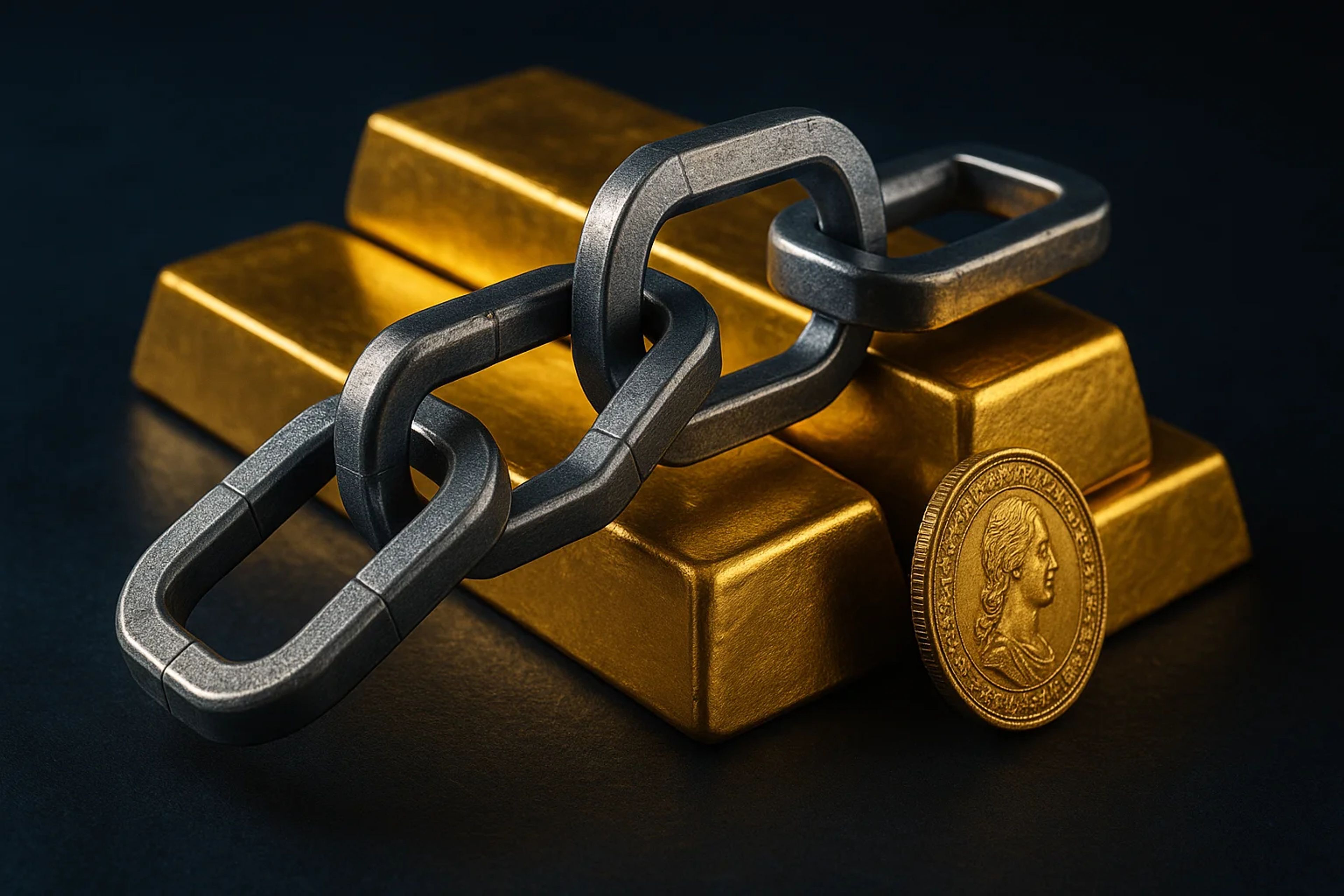 A metallic chain links over gold bars with a coin