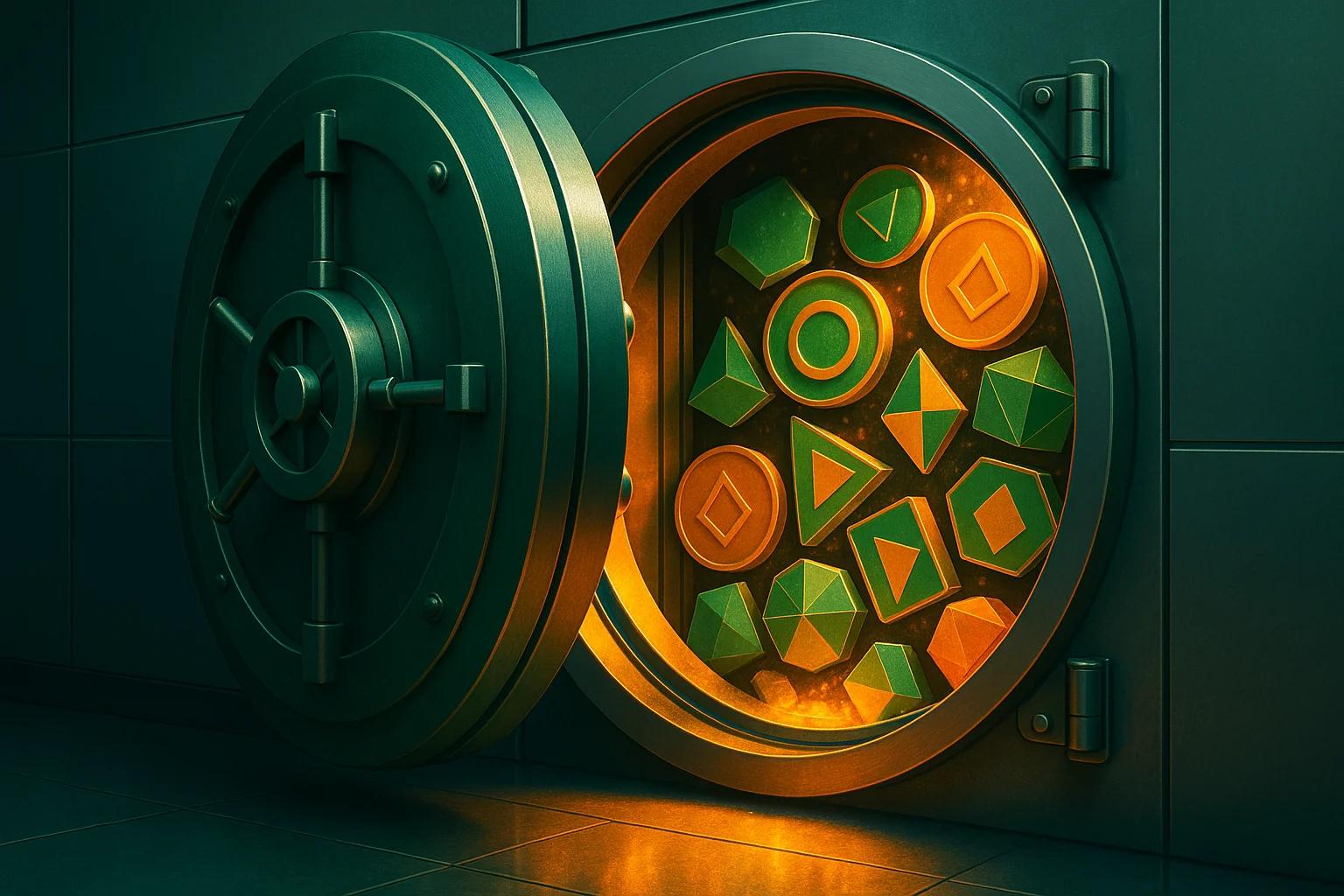 Open vault door revealing colorful geometric