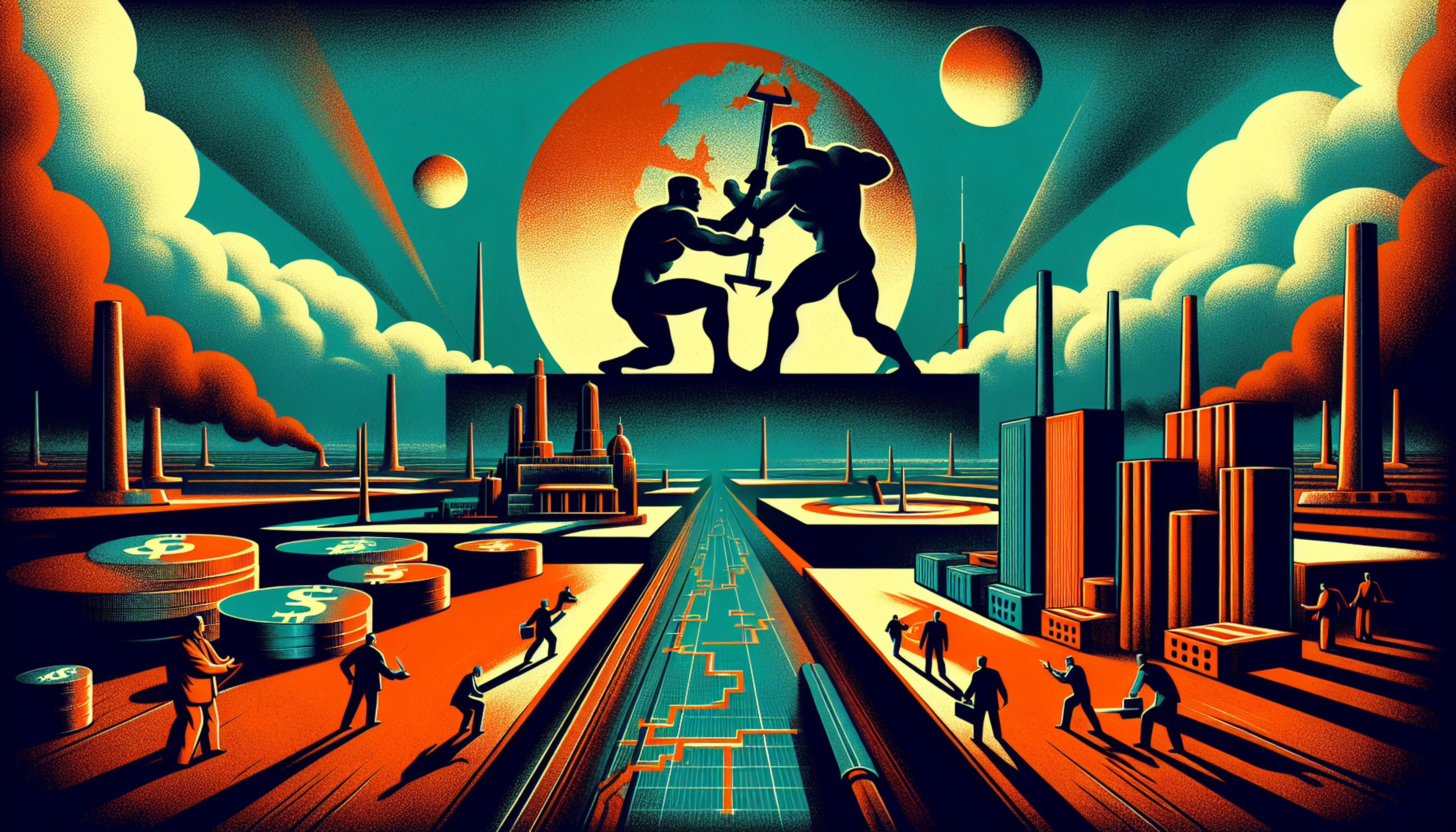 Silhouetted figures in a stylized industrial