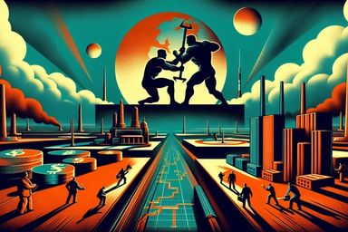 Silhouetted figures in a stylized industrial