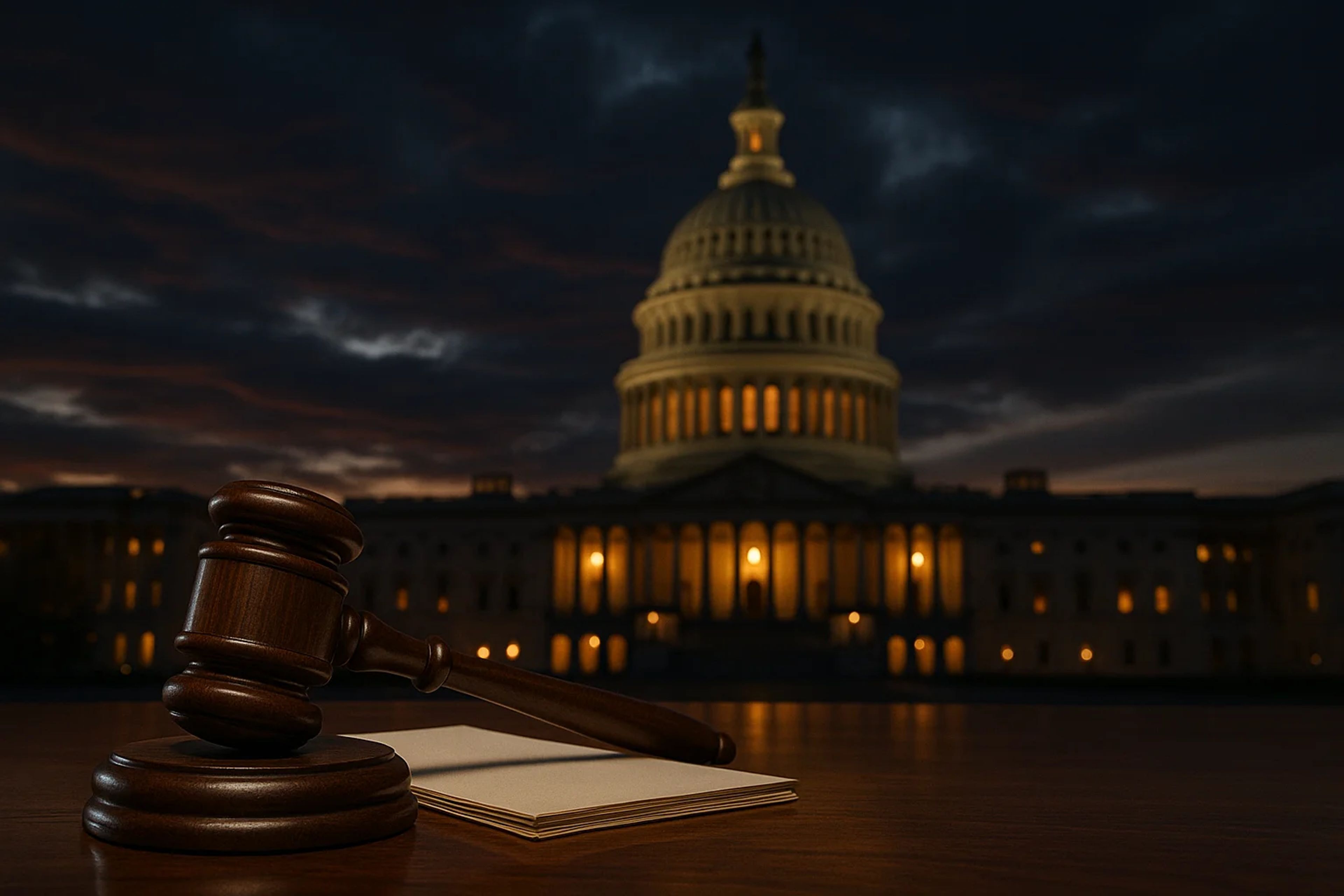 A gavel and blank paper on a wooden table, with