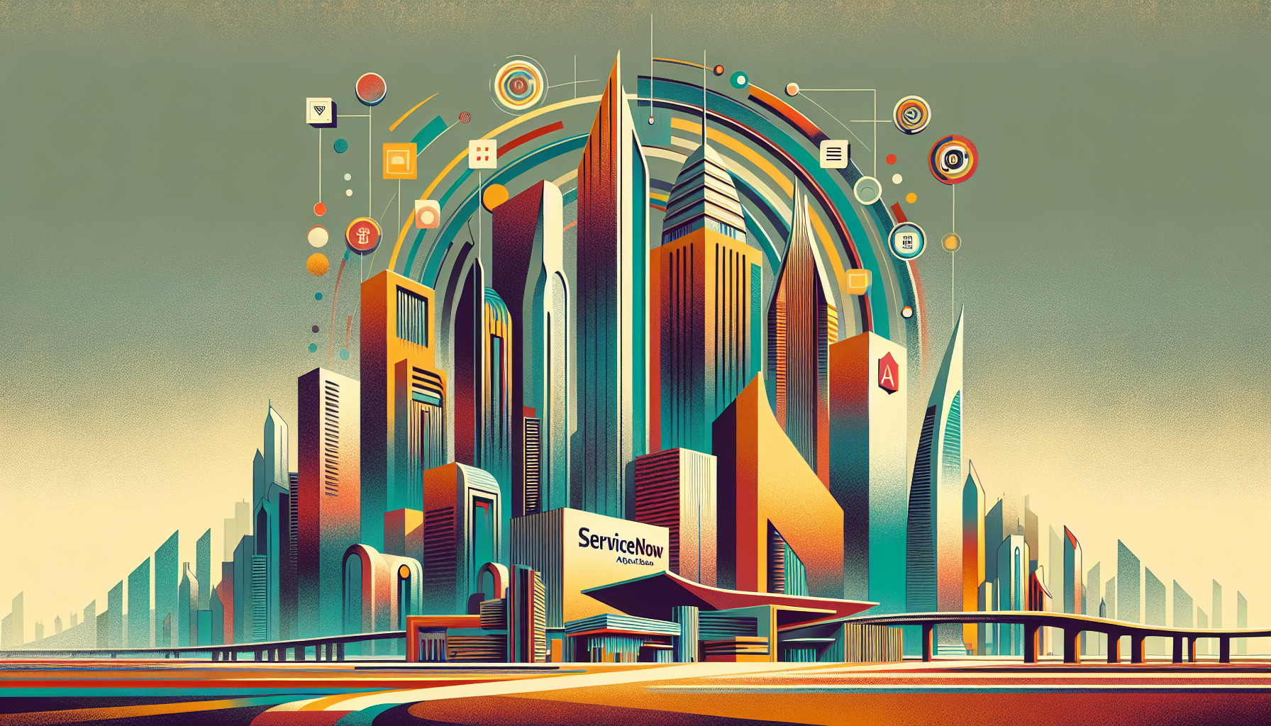 Colorful futuristic cityscape with tall buildings