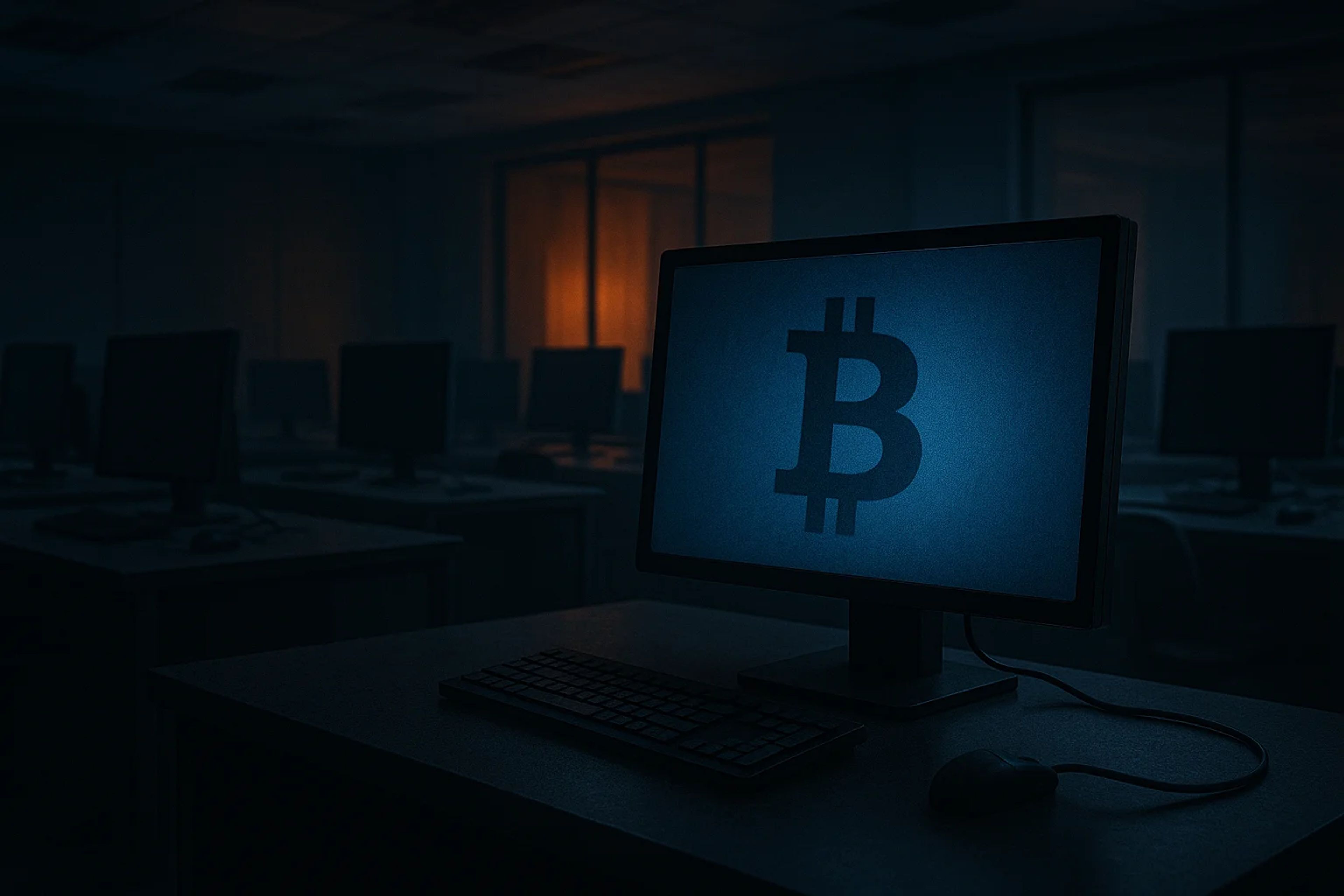 Dimly lit office with a computer displaying a