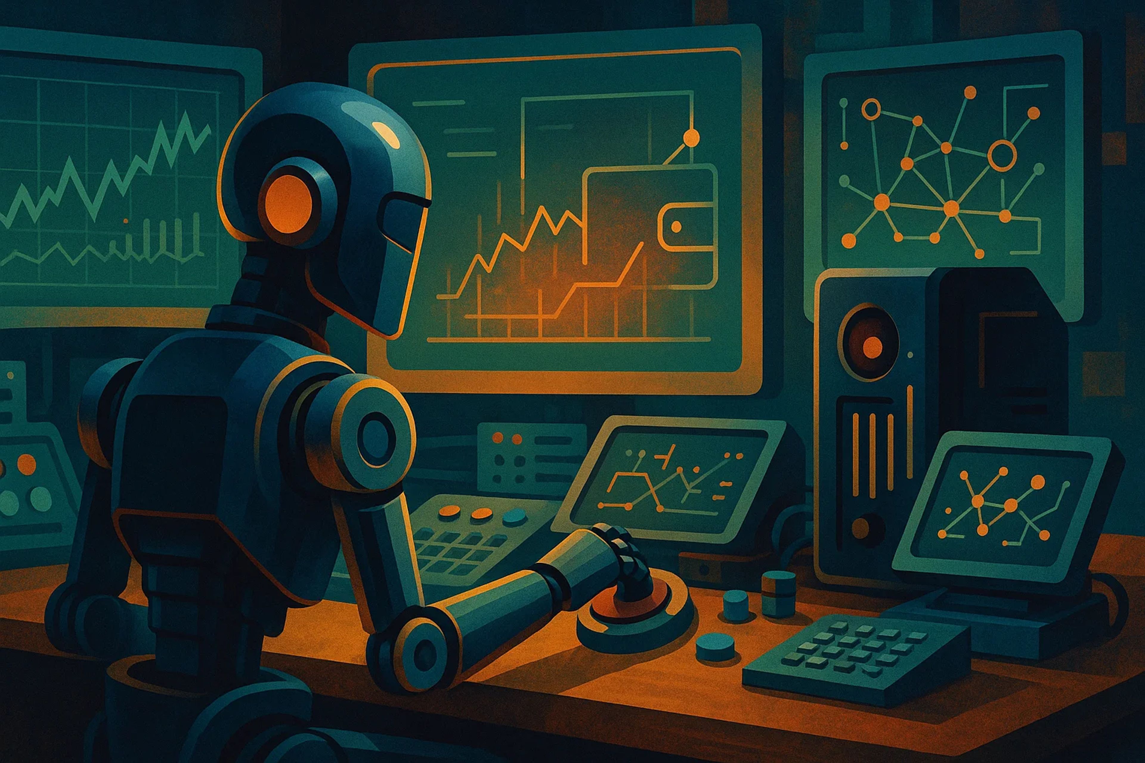 A robot at a control panel with screens