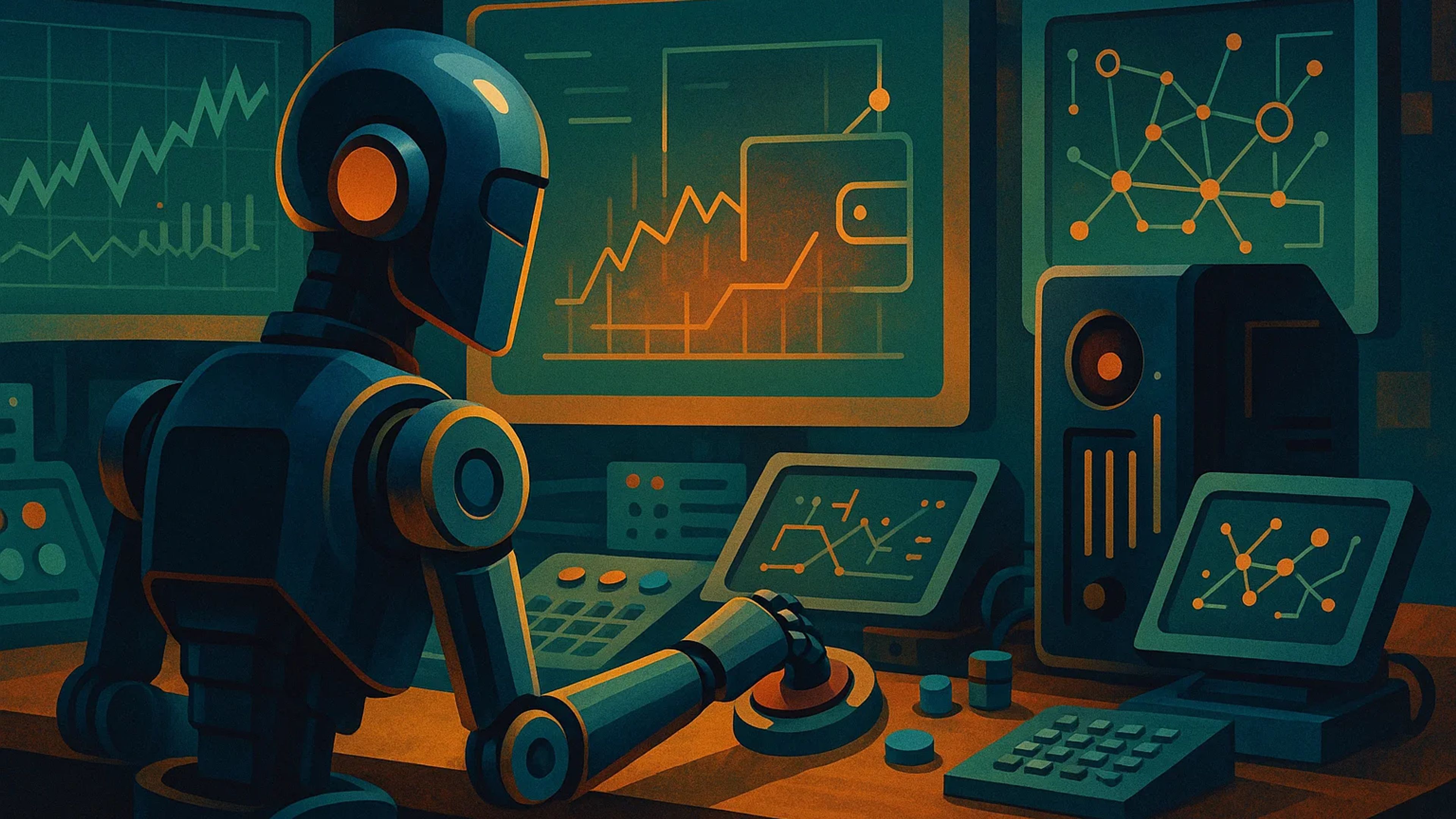 A robot at a control panel with screens