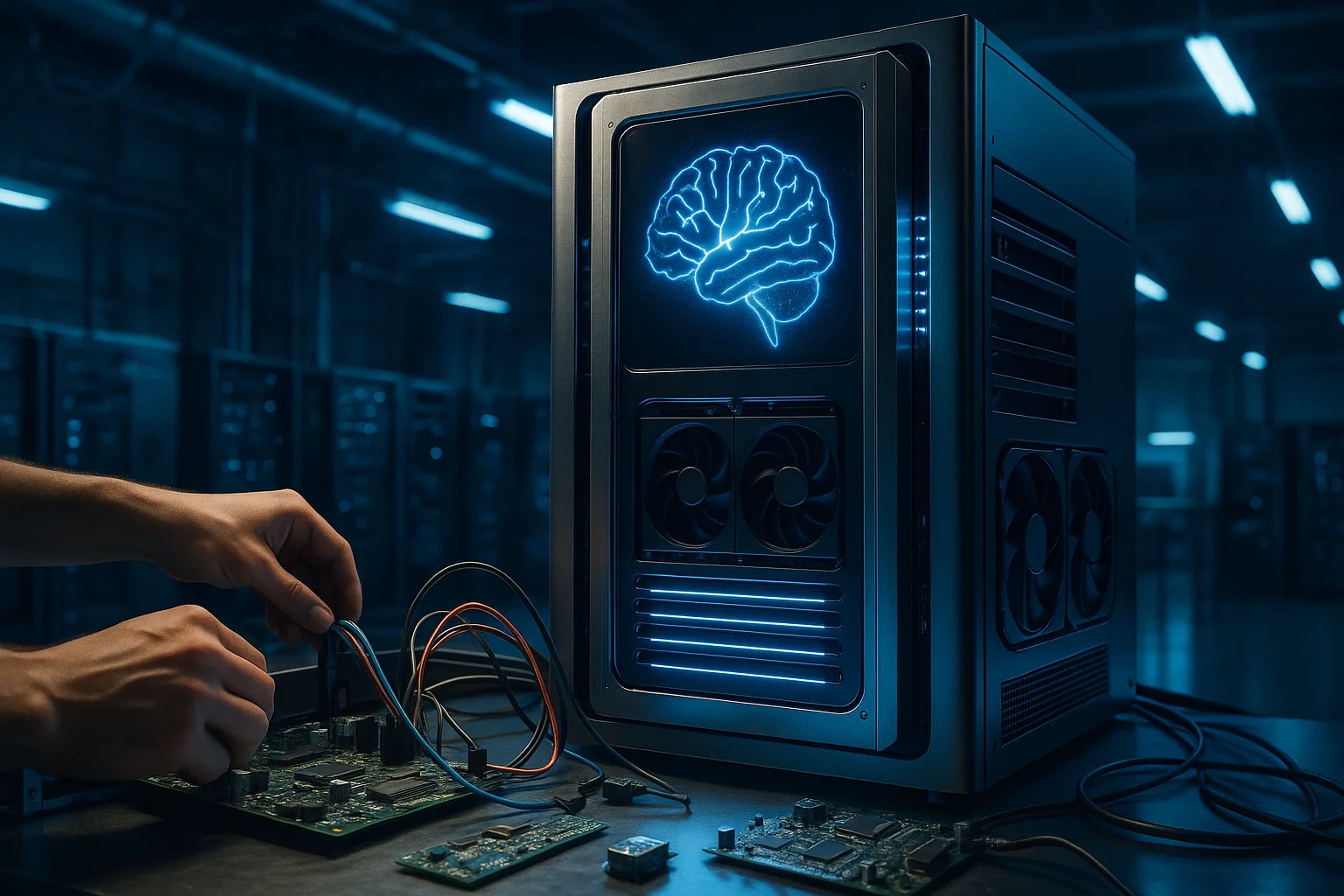 A computer tower with a glowing brain graphic