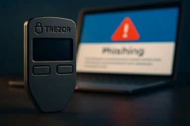 A Trezor device in focus with a laptop in the