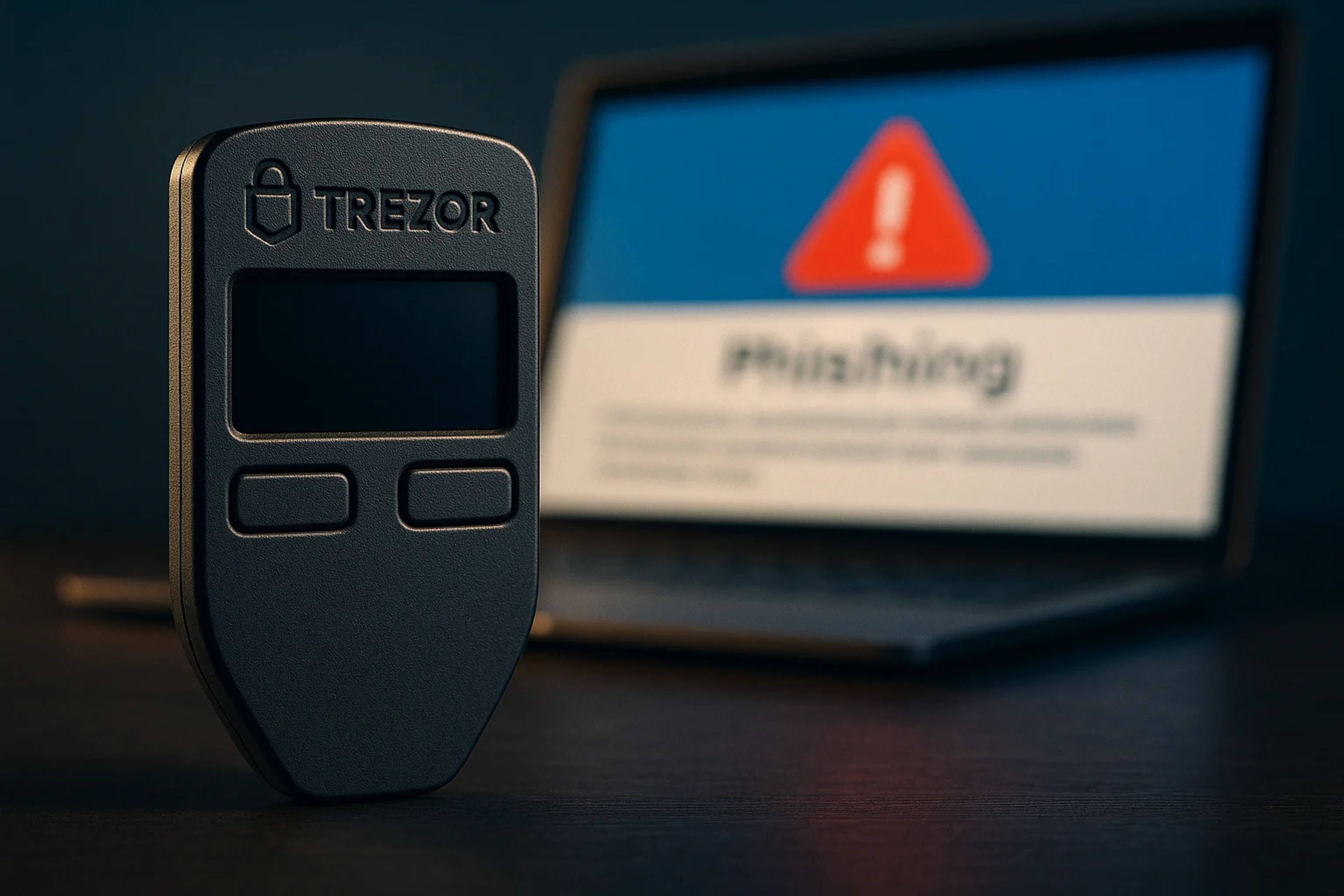 A Trezor device in focus with a laptop in the