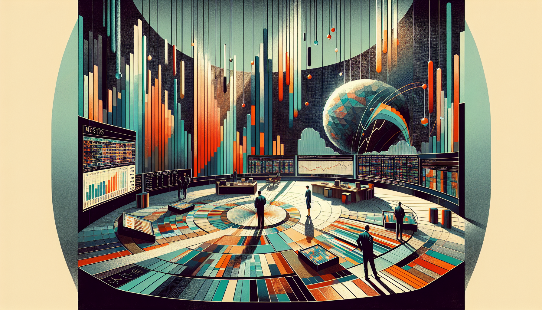 A futuristic trading room with colorful data