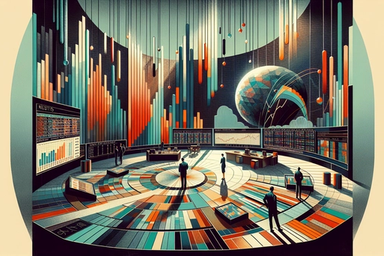 A futuristic trading room with colorful data