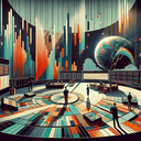 A futuristic trading room with colorful data