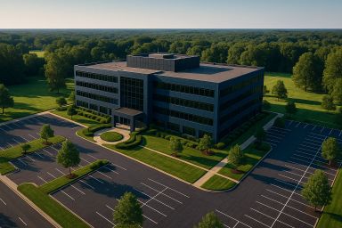 Modern office building surrounded by greenery