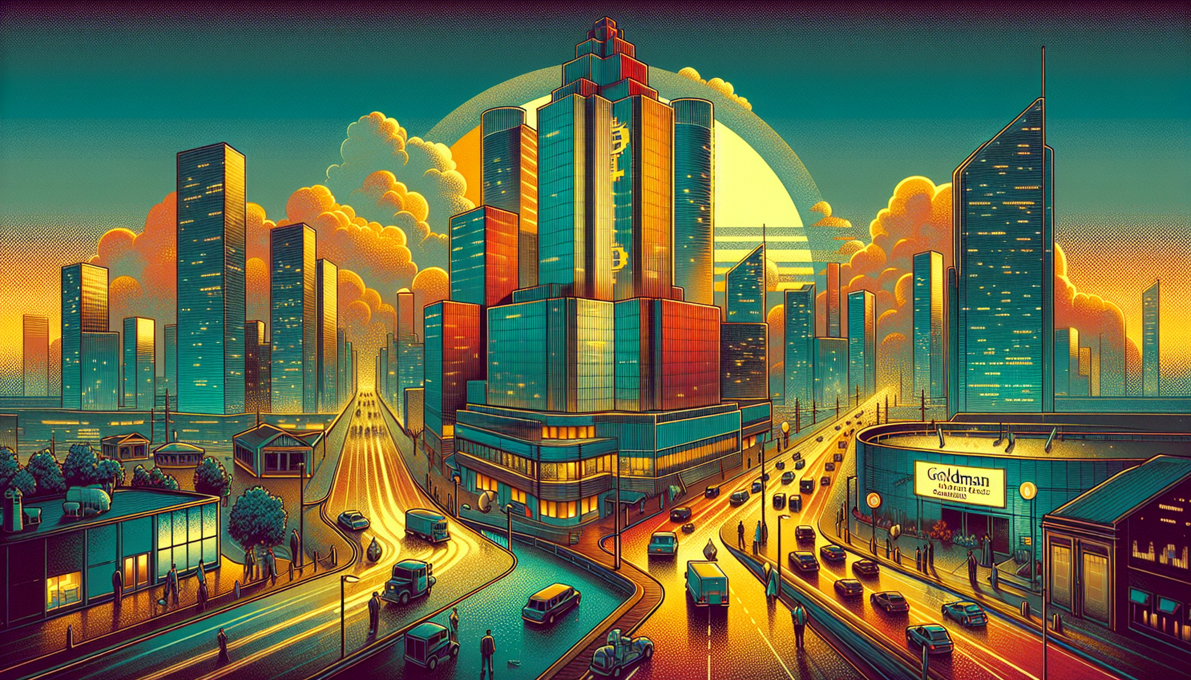 Vibrant cityscape at sunset with skyscrapers