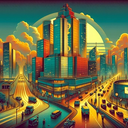 Vibrant cityscape at sunset with skyscrapers