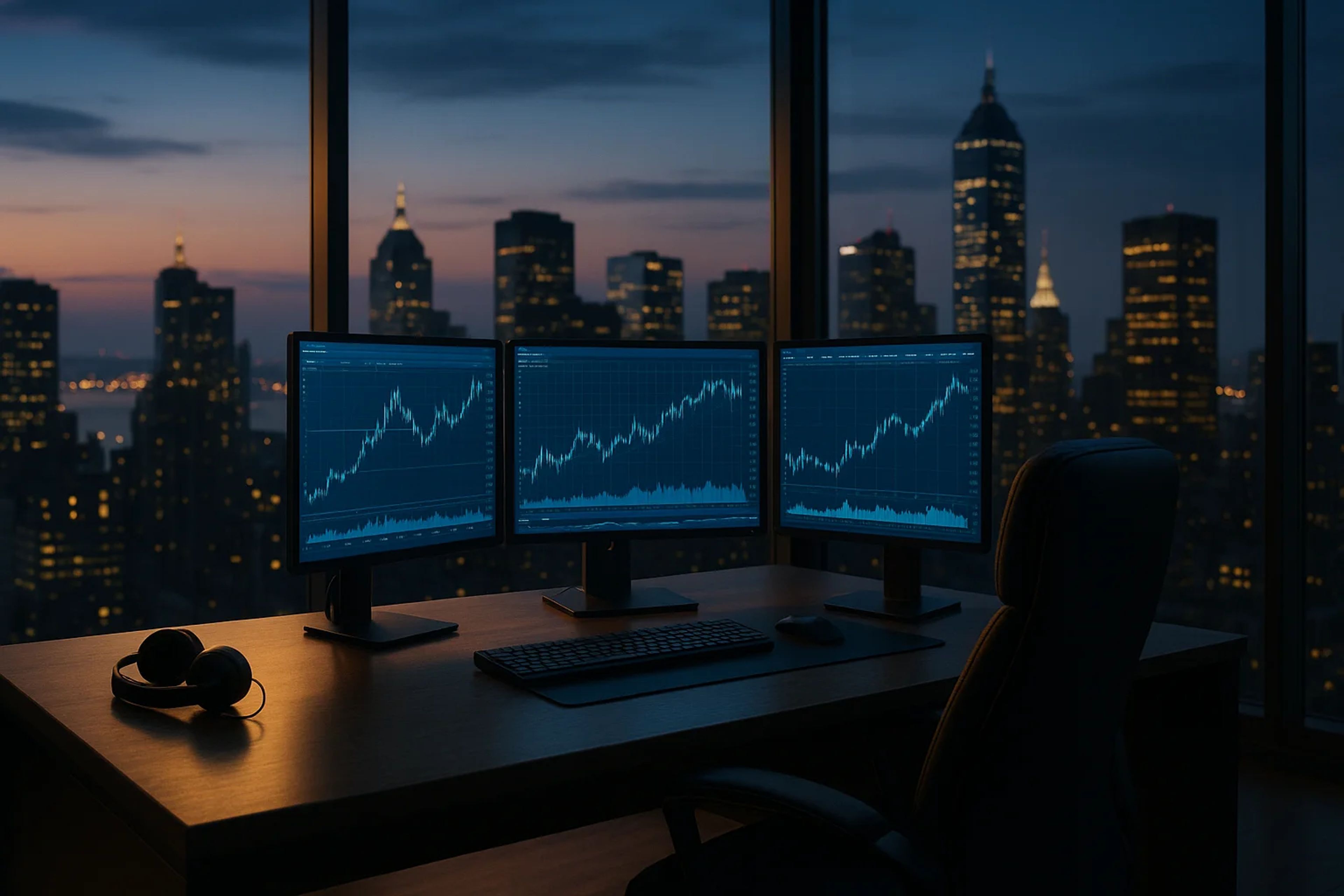Three computer monitors displaying graphs in a