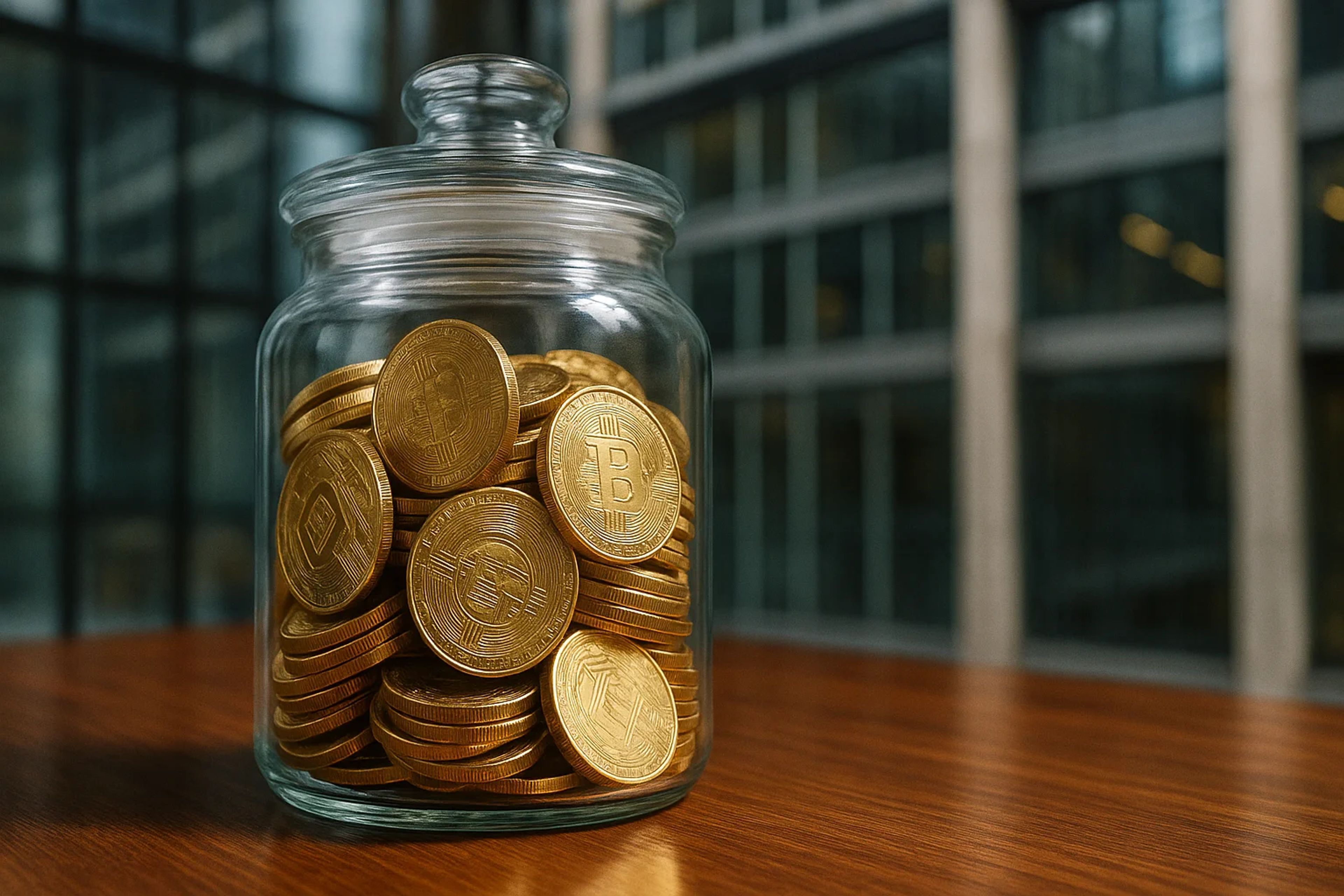 A glass jar filled with gold coins on a wooden