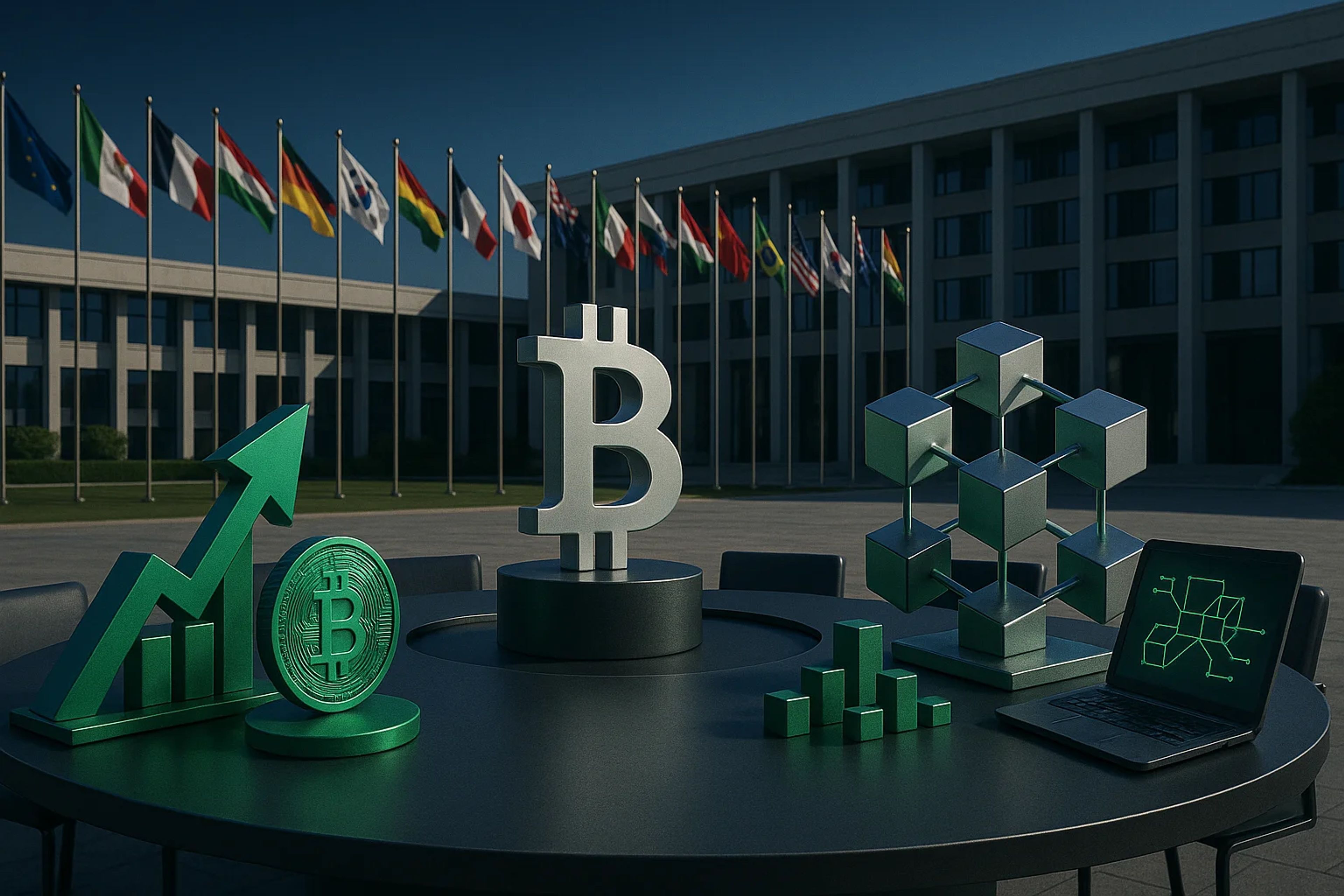 Green cryptocurrency symbols and graphs on a table
