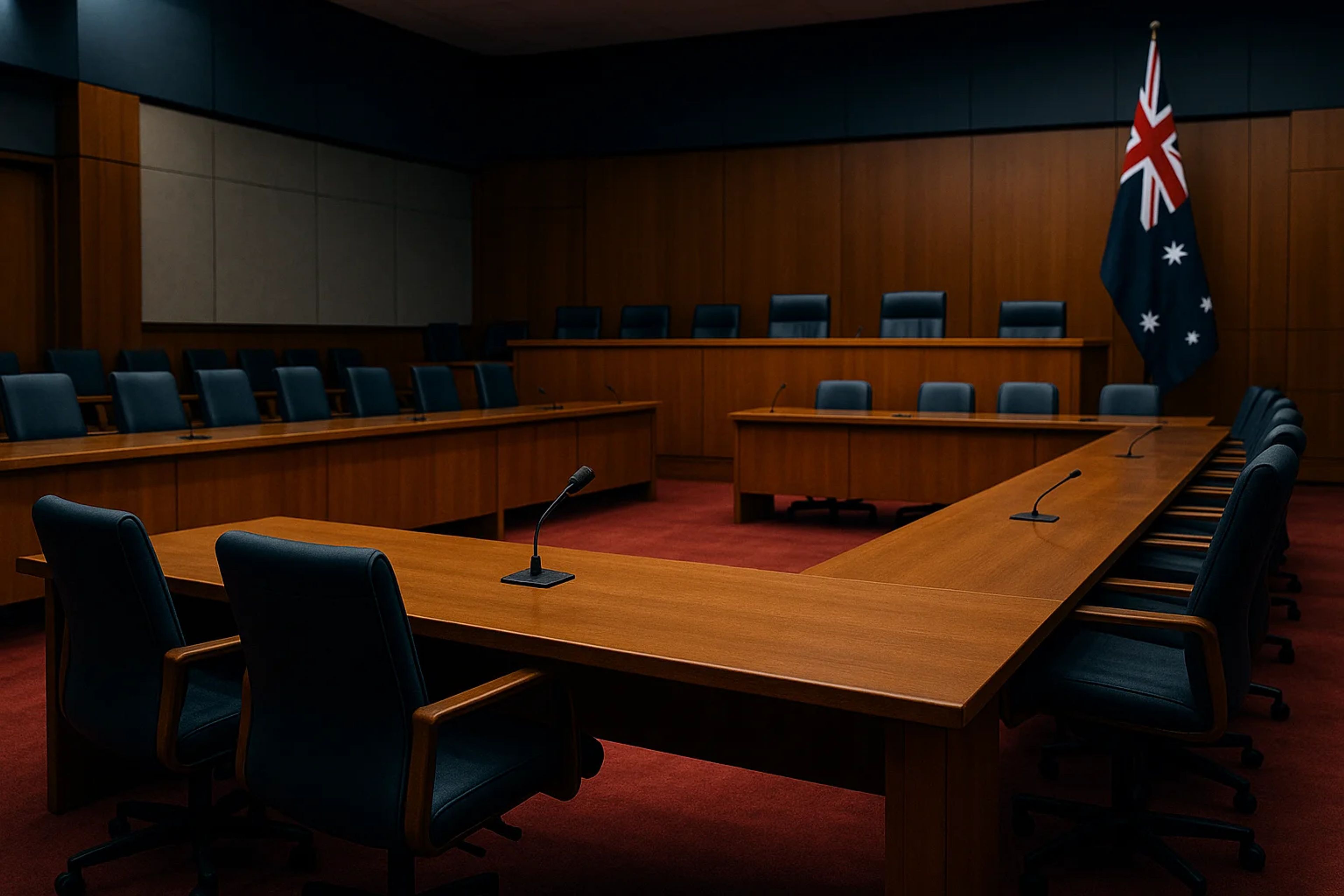Empty courtroom with wooden furniture and chairs