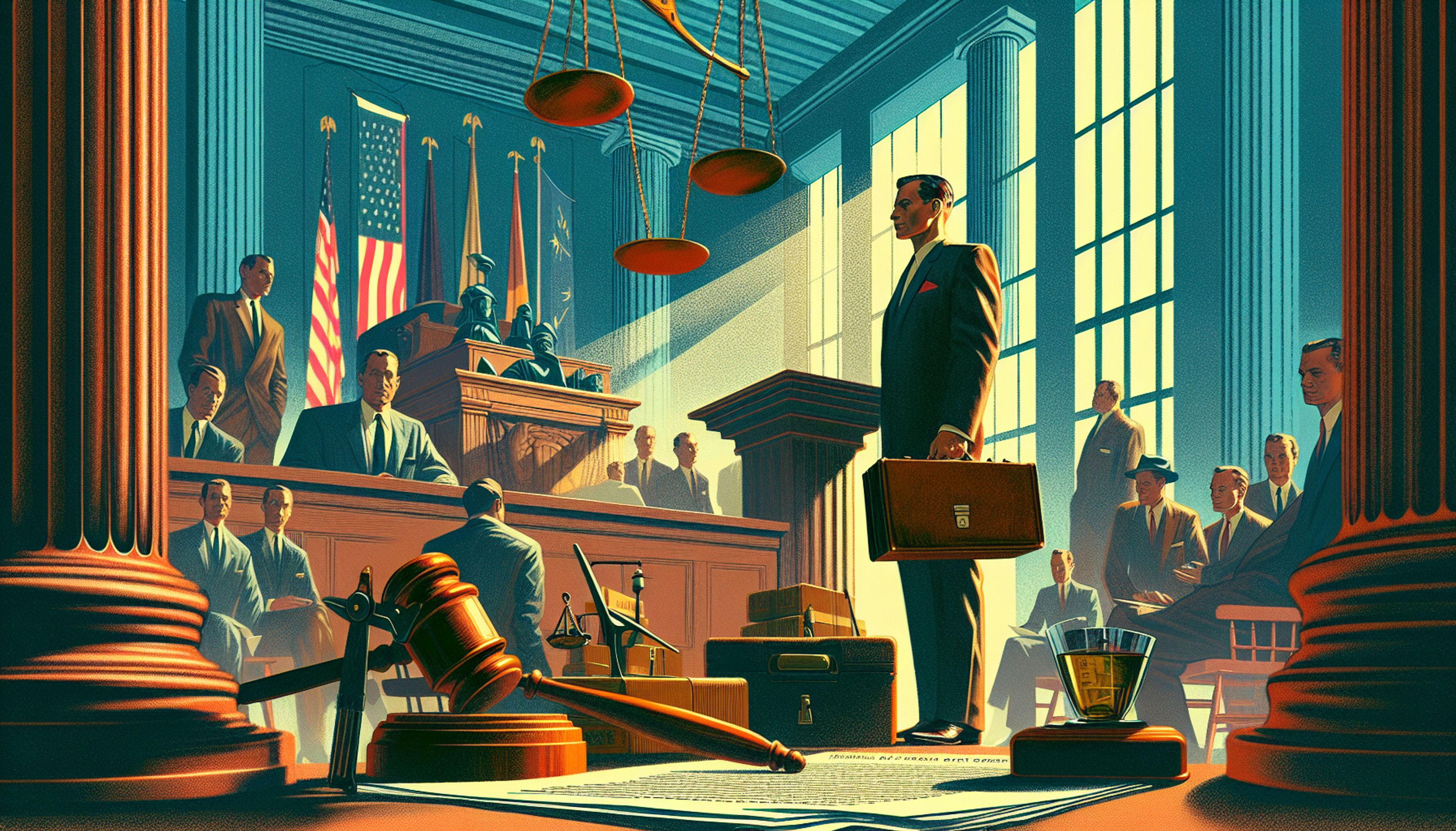 A courtroom scene with a man holding a briefcase