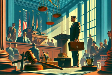 A courtroom scene with a man holding a briefcase