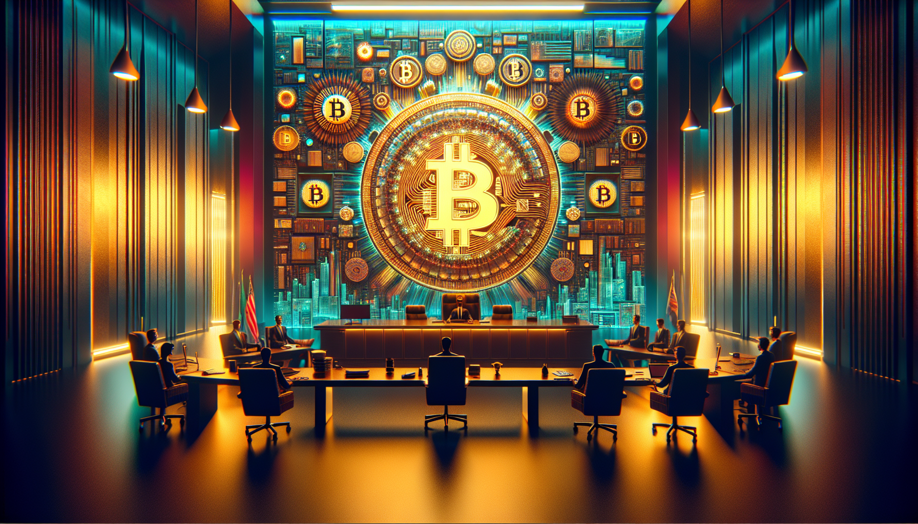 A modern conference room with a large Bitcoin