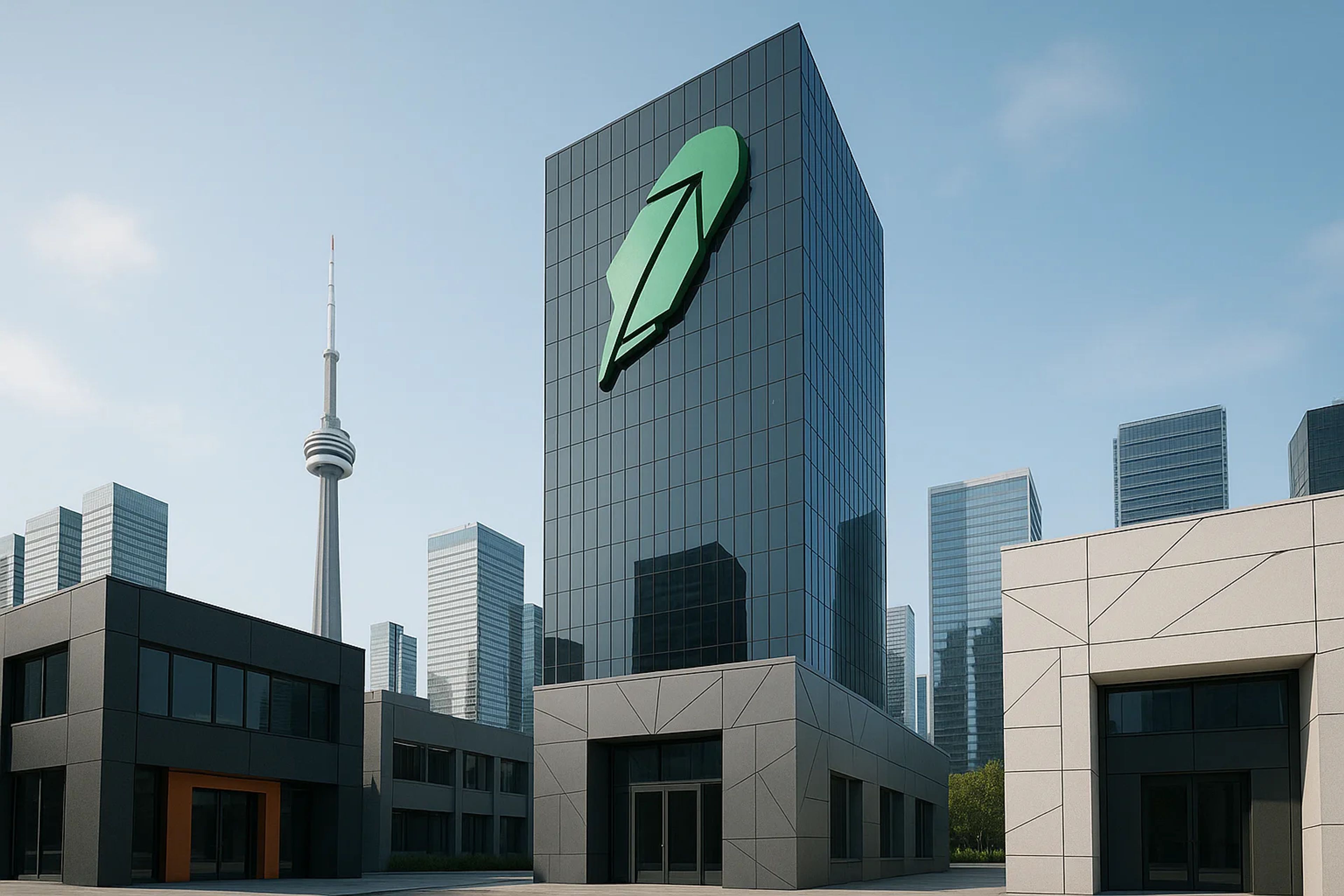 Modern glass building with a green logo, city
