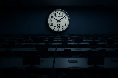 Dark classroom with empty desks and a large clock
