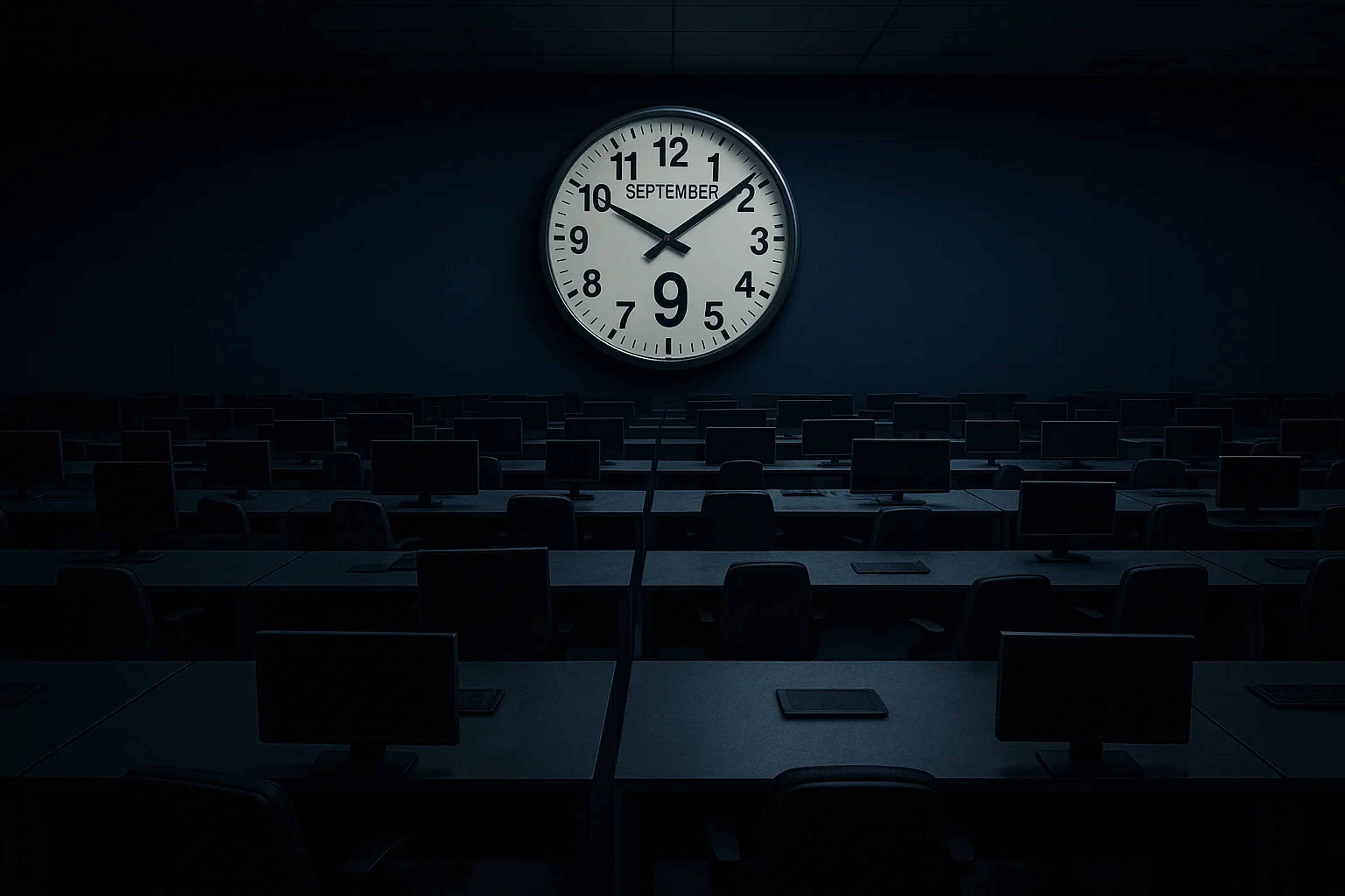 Dark classroom with empty desks and a large clock