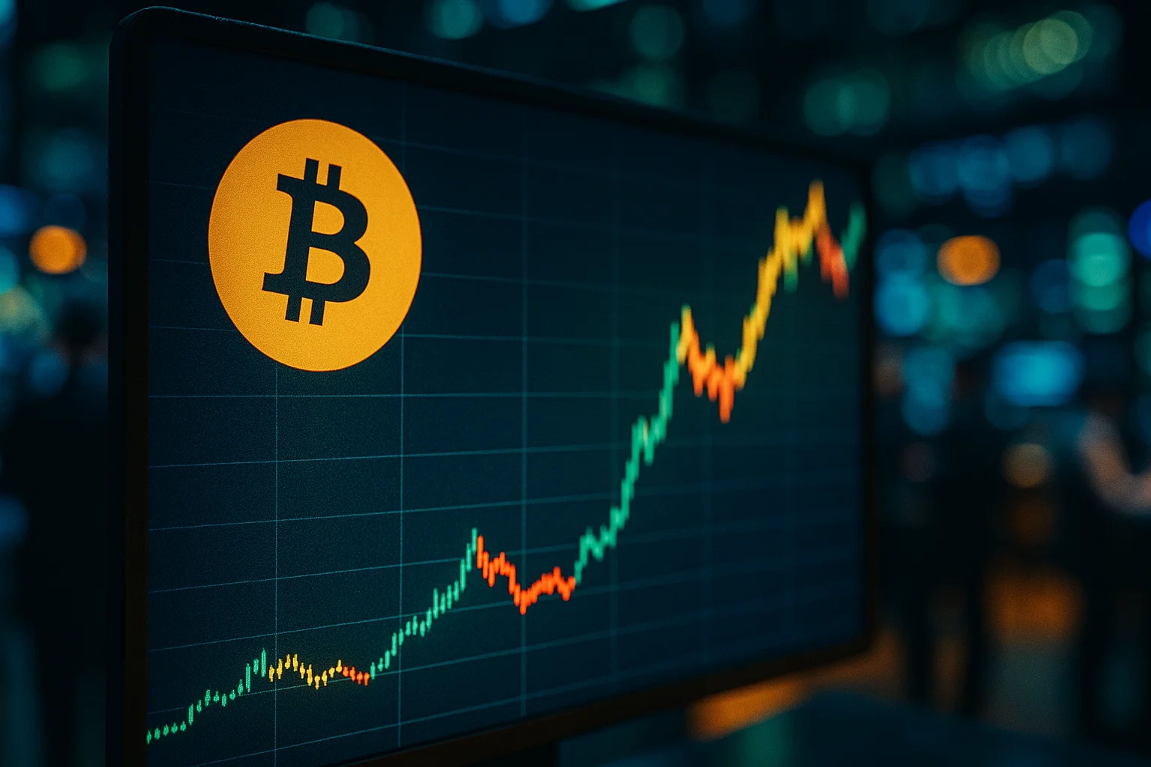 Line graph with upward trend and Bitcoin logo