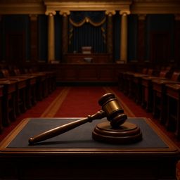 Wooden gavel on a desk in a courtroom setting