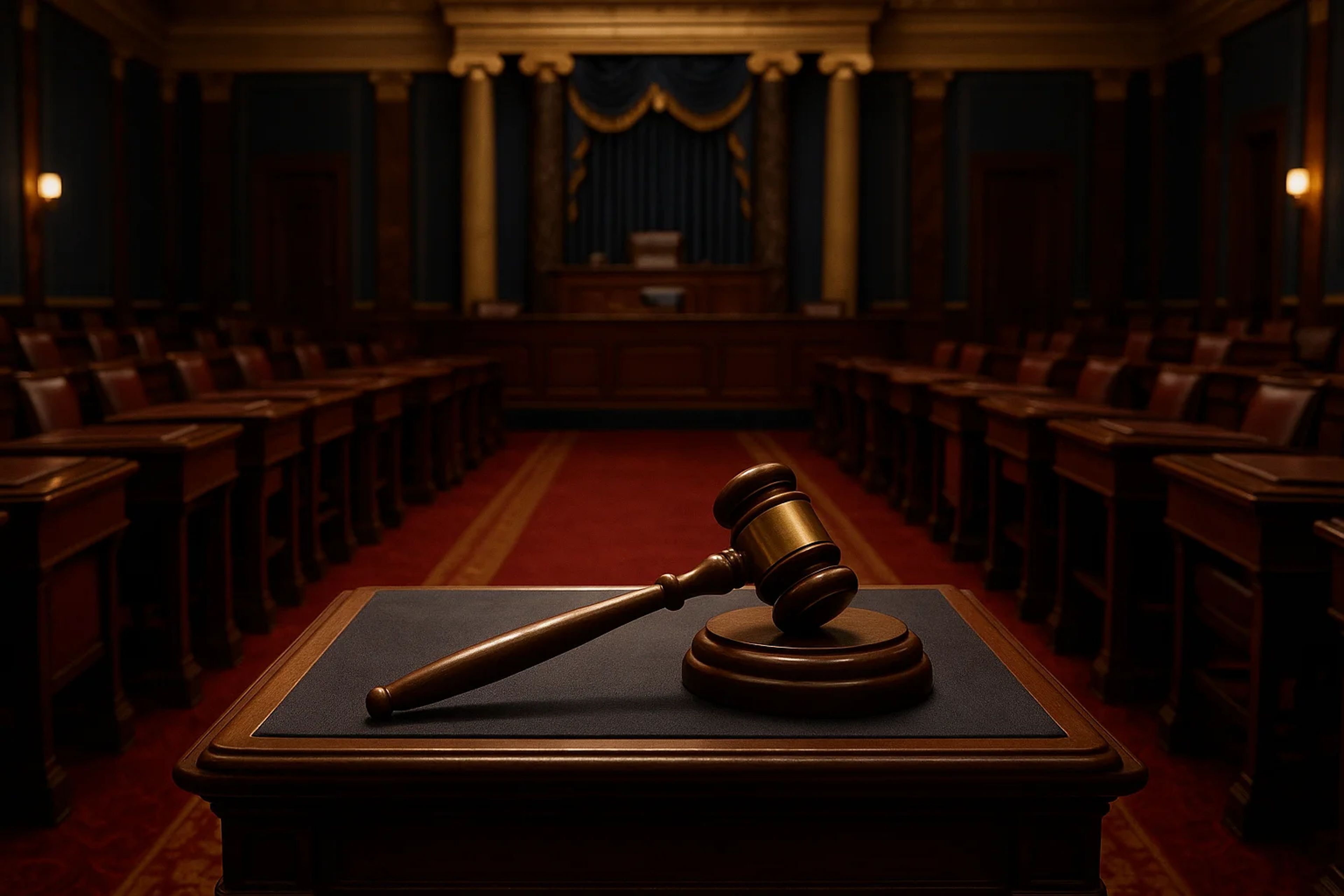 Wooden gavel on a desk in a courtroom setting