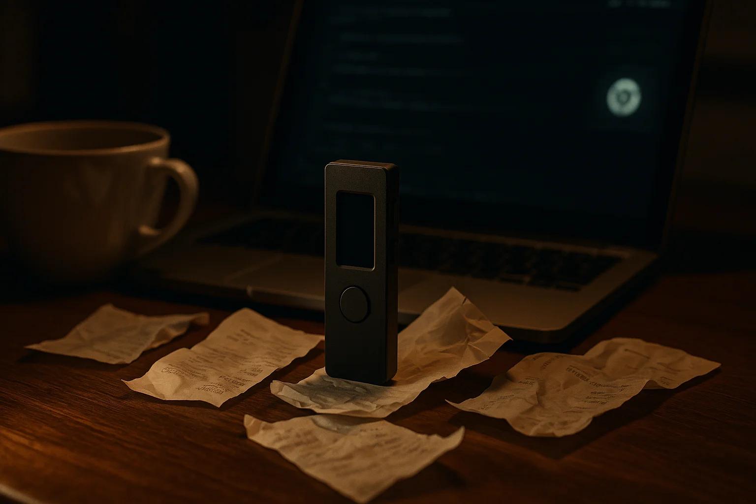 A device stands on a wooden table surrounded by