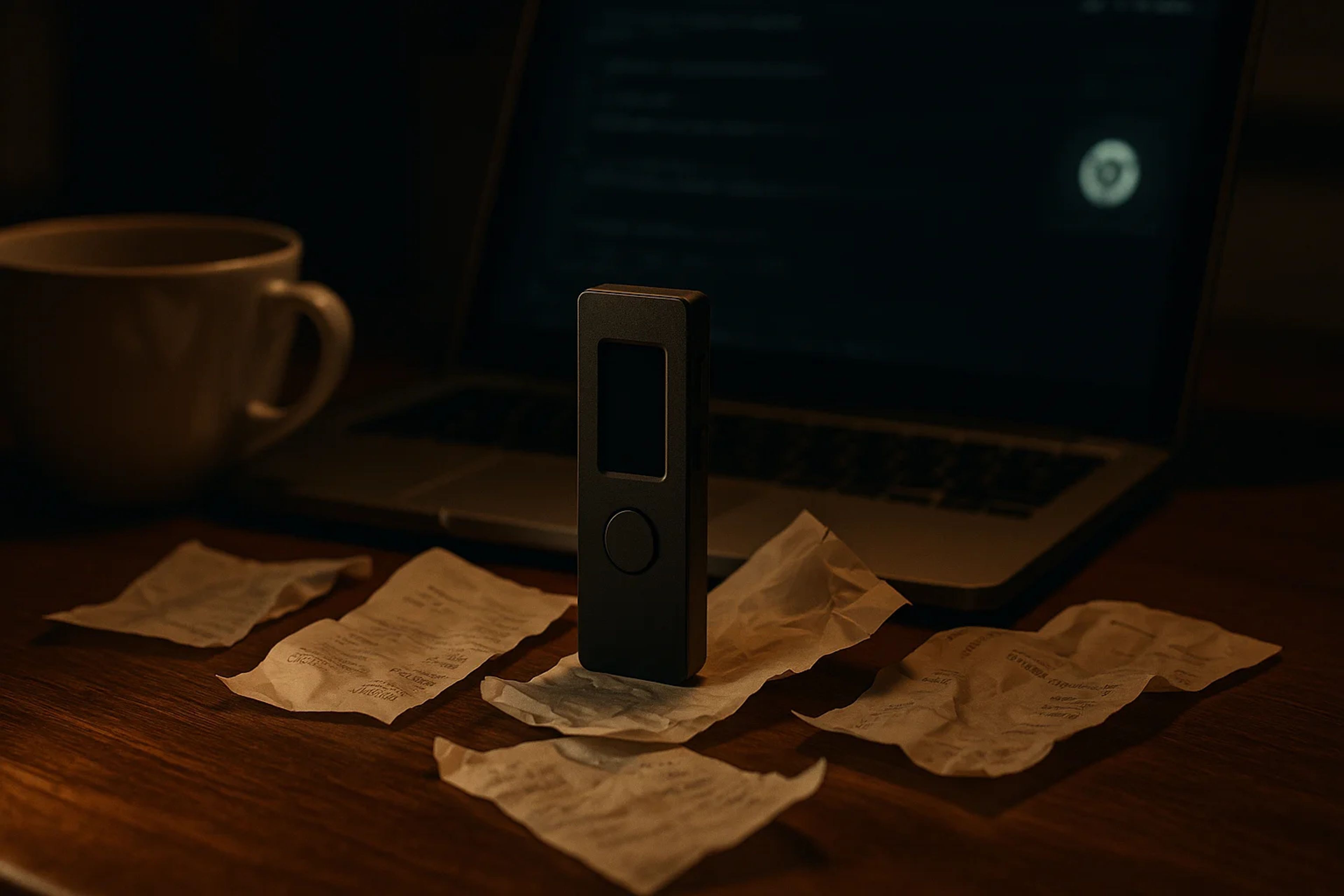 A device stands on a wooden table surrounded by