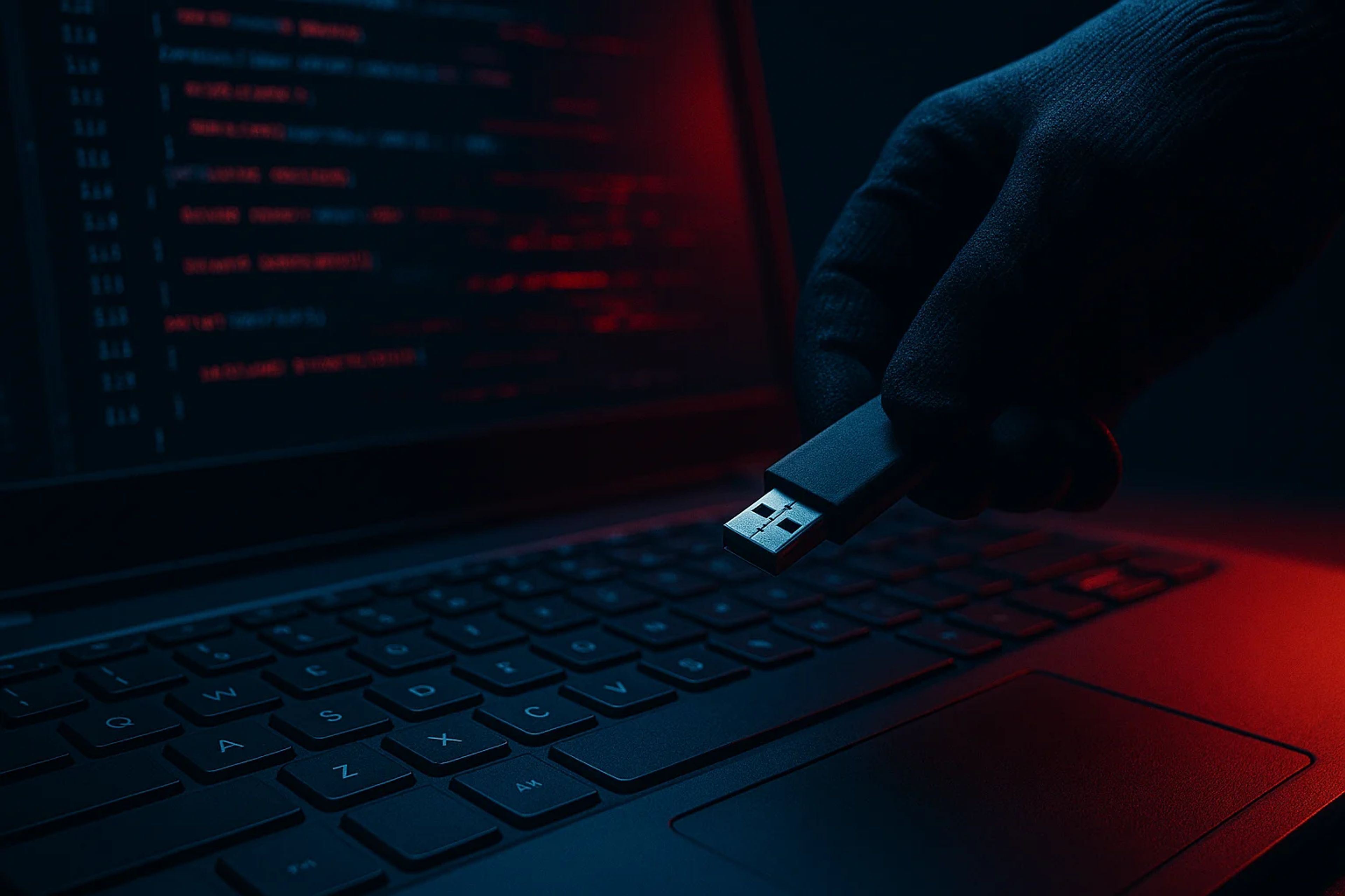 A gloved hand holding a USB drive near a laptop