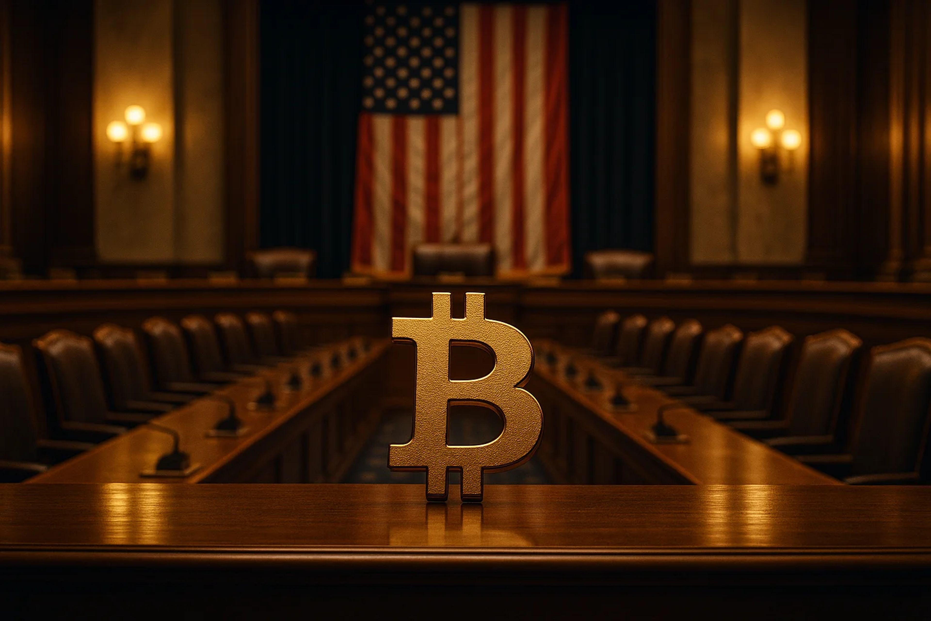 Golden Bitcoin symbol in a dimly lit courtroom