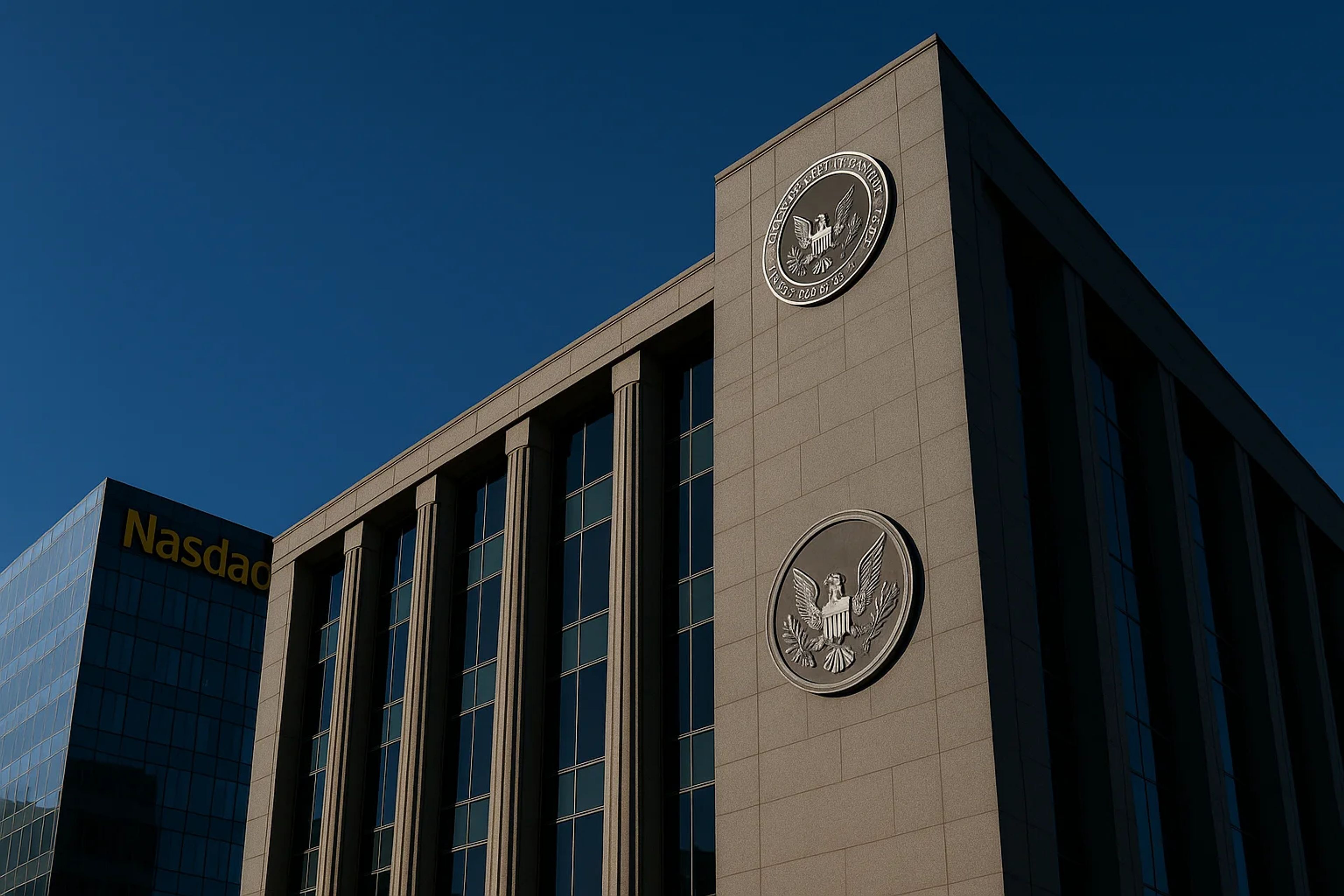 Modern building with eagle emblems and clear blue