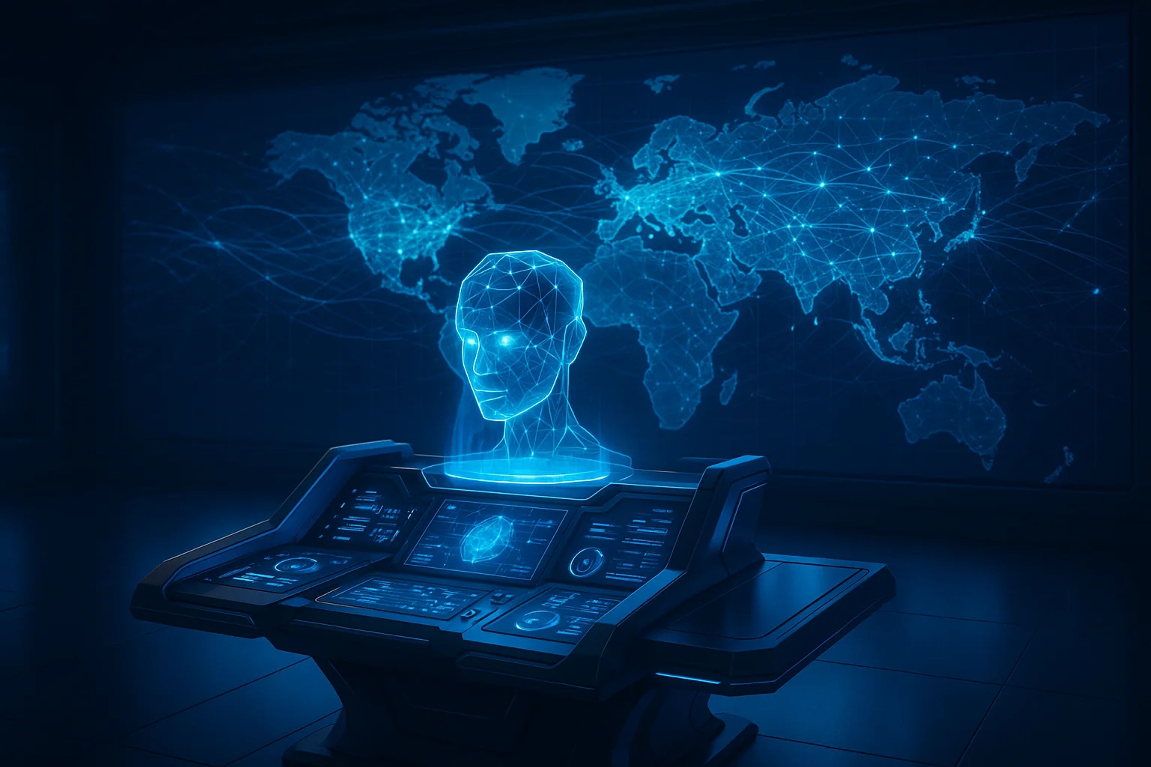 A holographic head displayed above a control