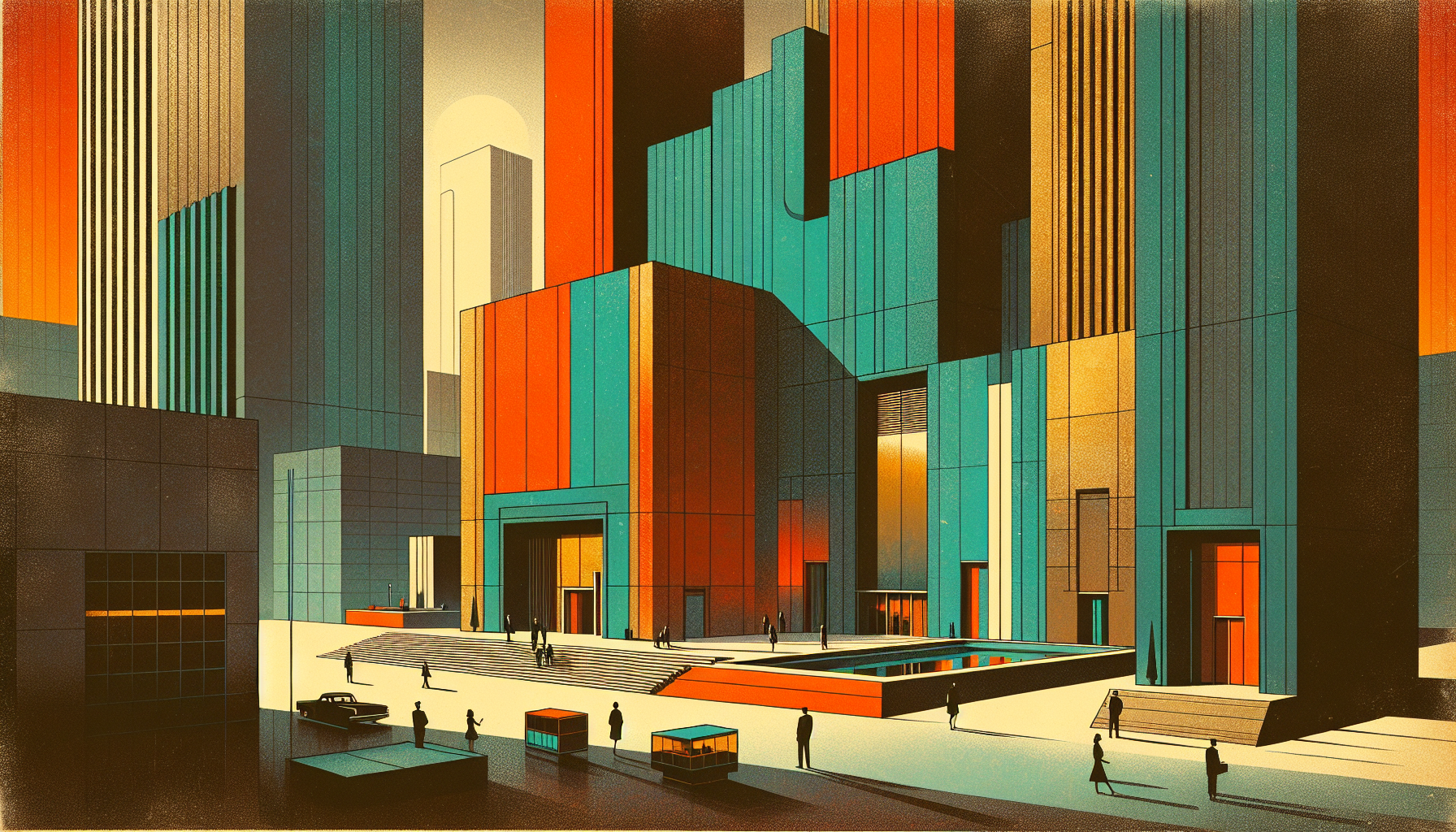 Colorful geometric buildings with a plaza and