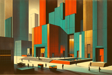 Colorful geometric buildings with a plaza and