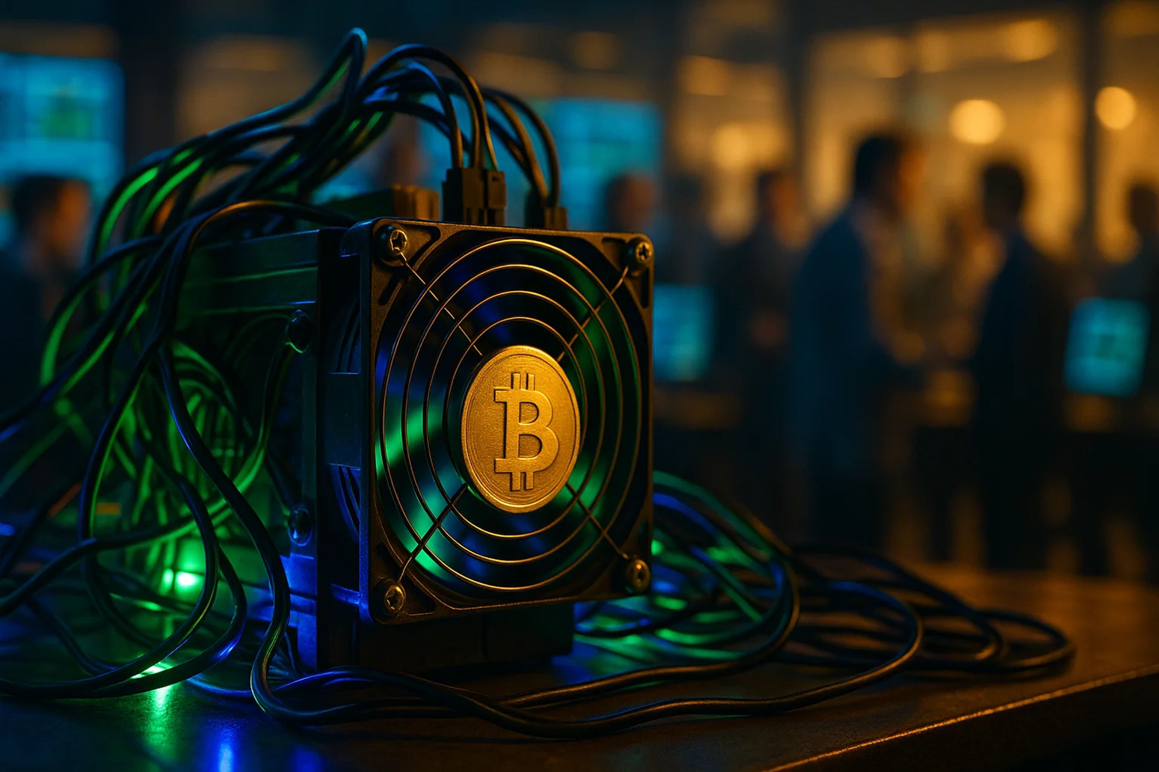 A Bitcoin mining rig with glowing cables