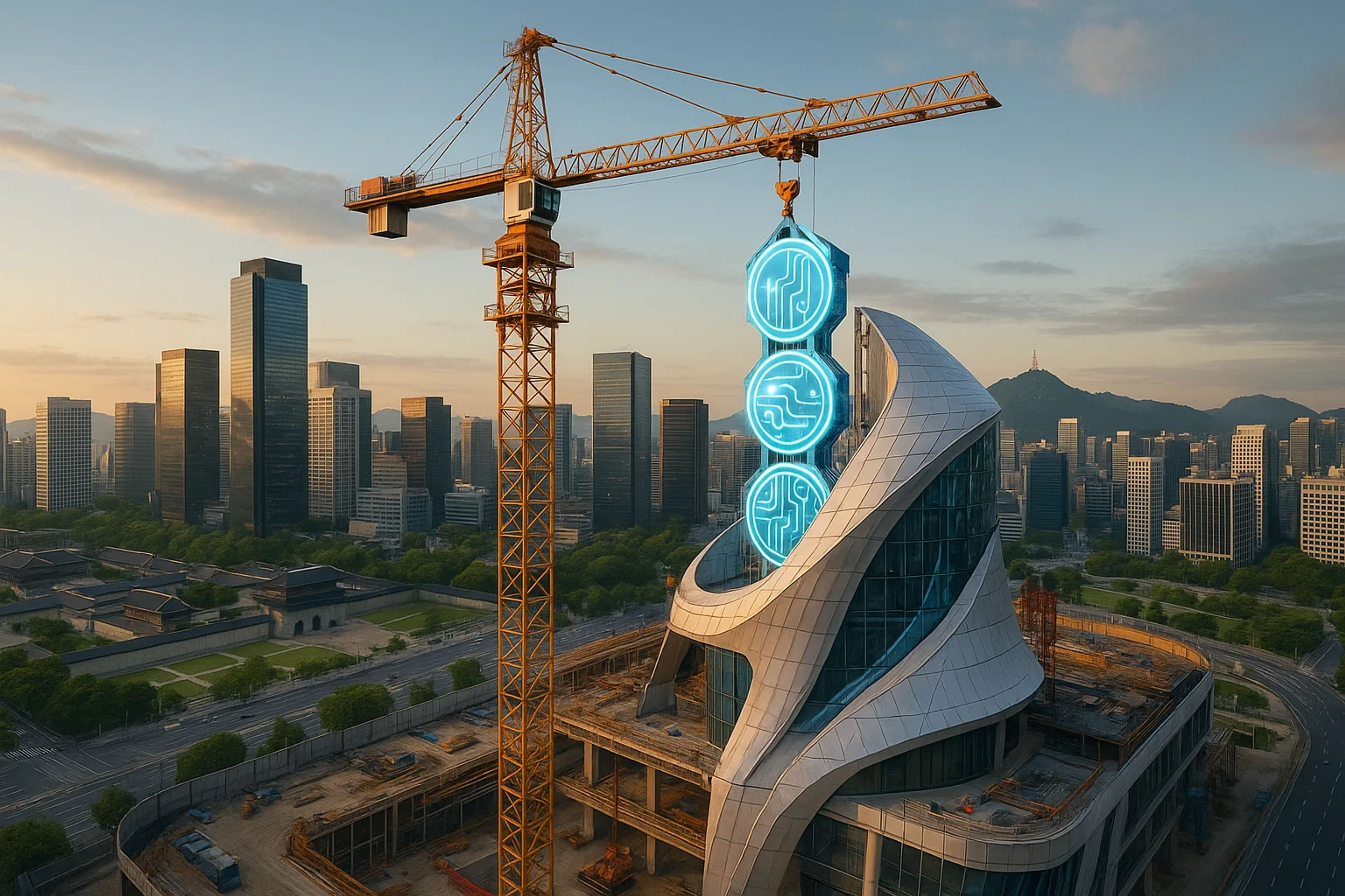 A crane lifts a neon sign atop a modern