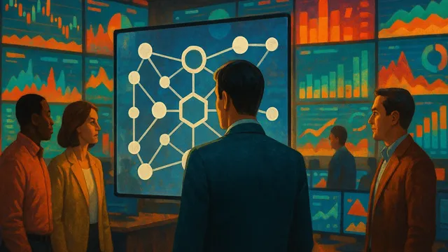 Four people observing a large screen displaying