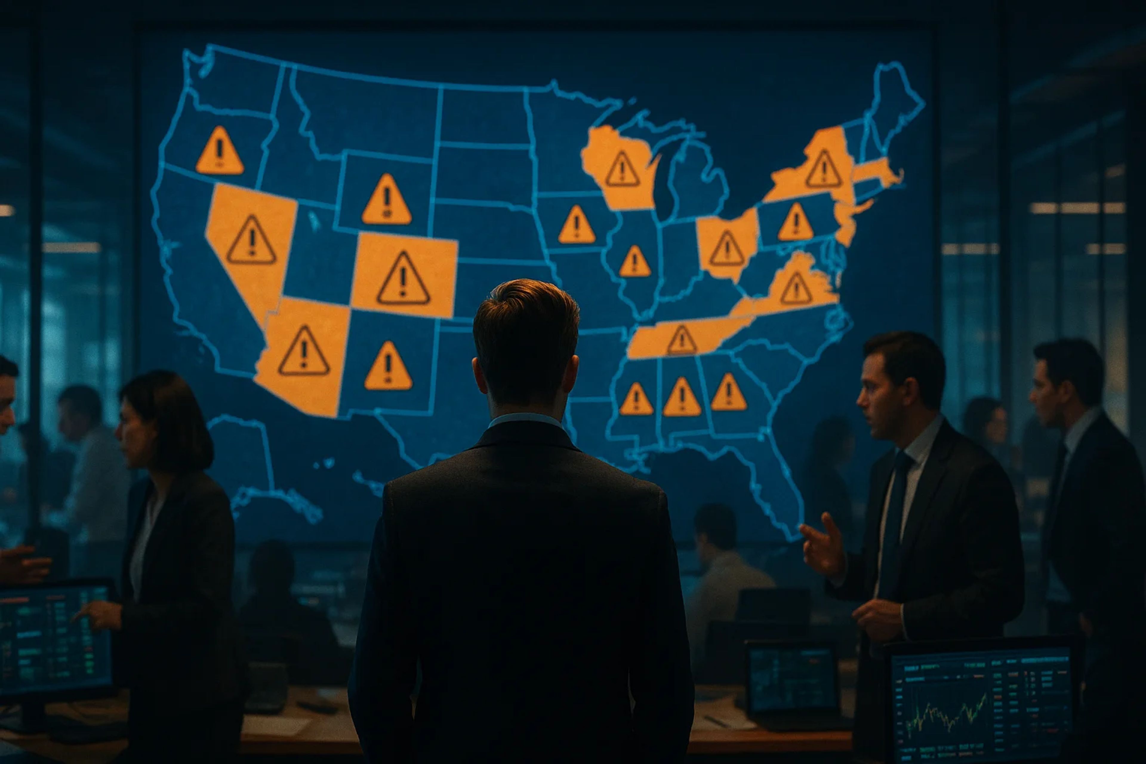 A group of professionals in suits analyzing a