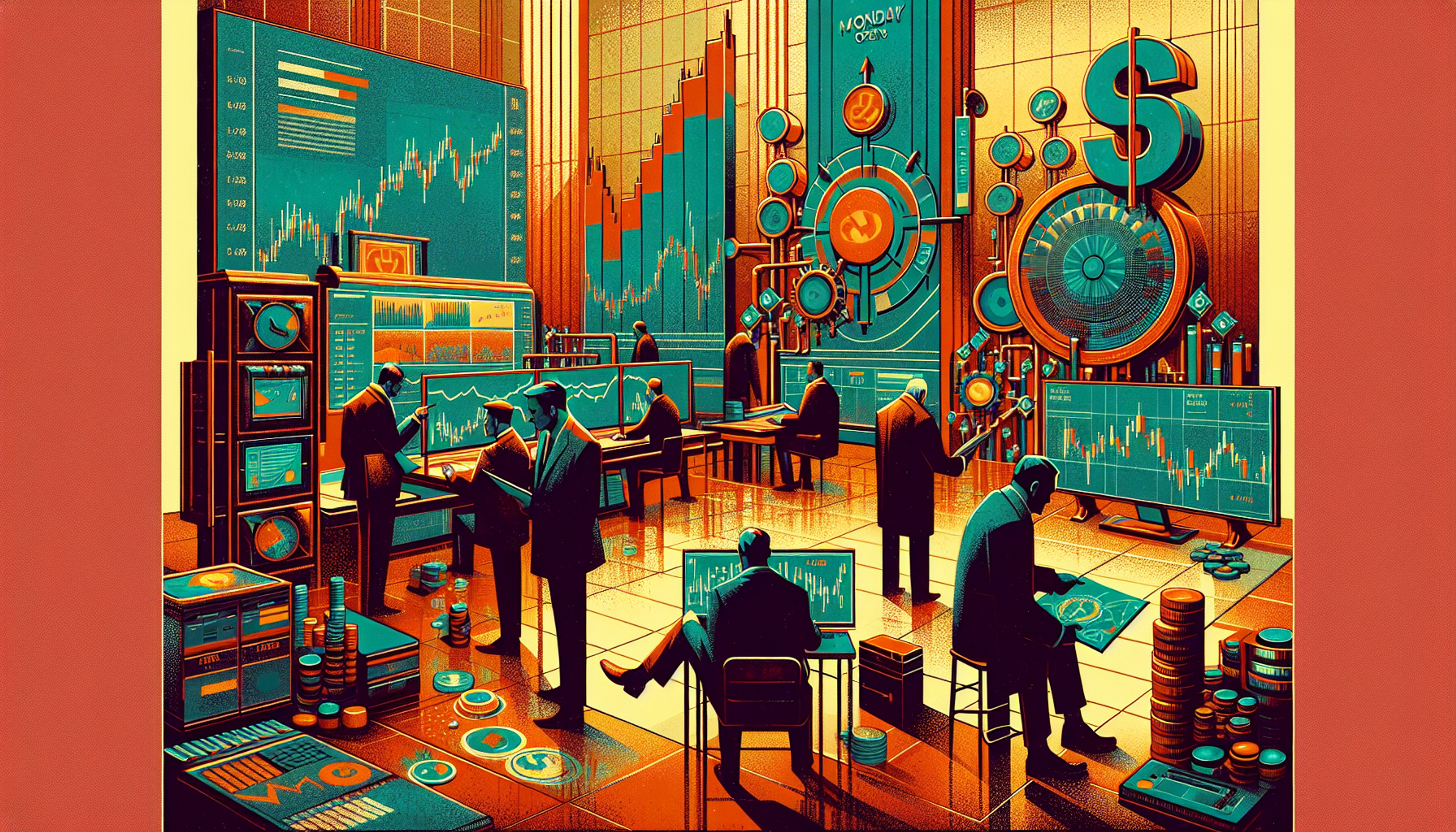 A stylized trading room with figures analyzing
