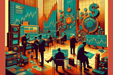 A stylized trading room with figures analyzing